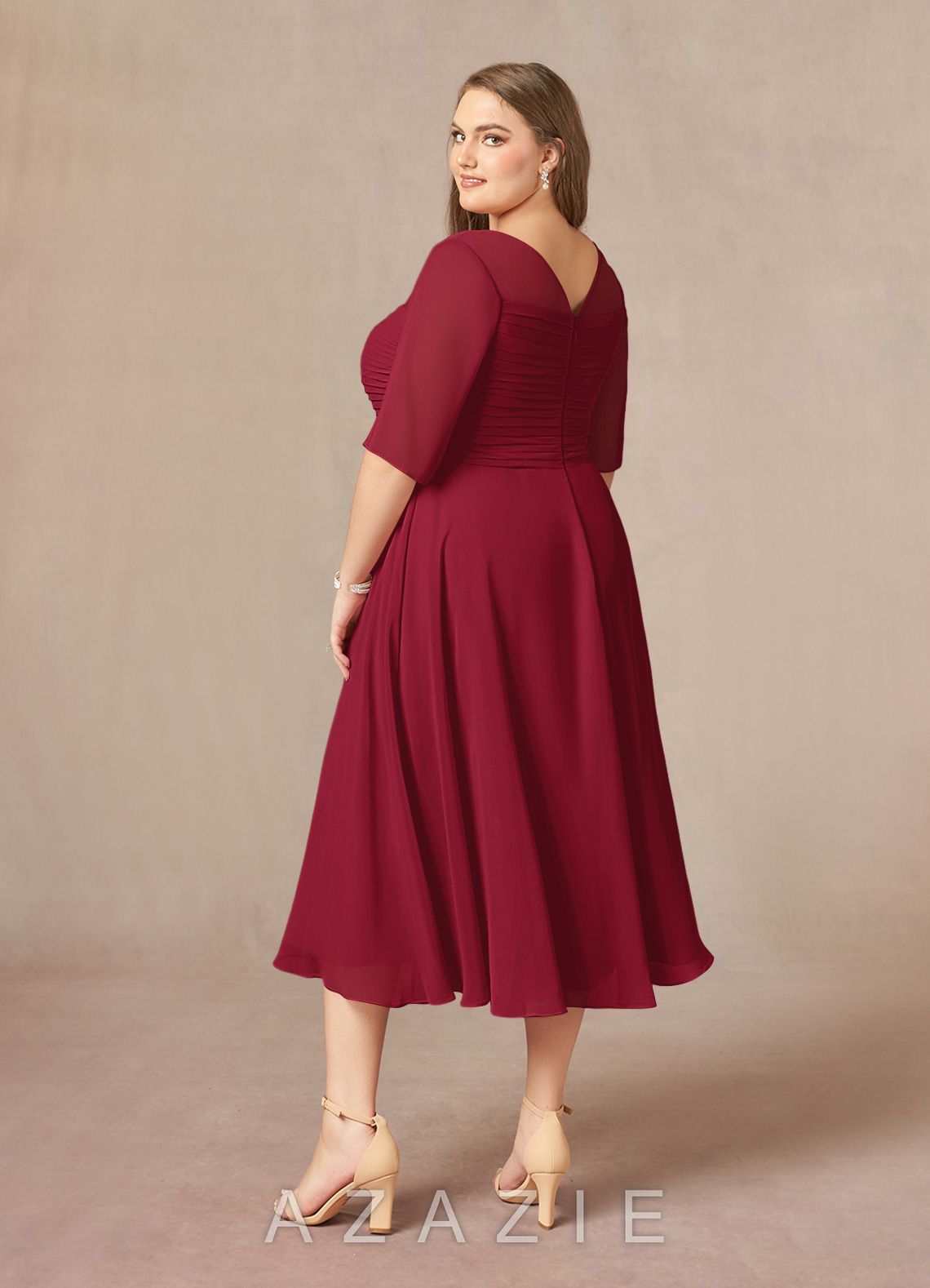 Azazie Naomi Burgundy A-Line Boatneck Pleated Chiffon Dress burgundy