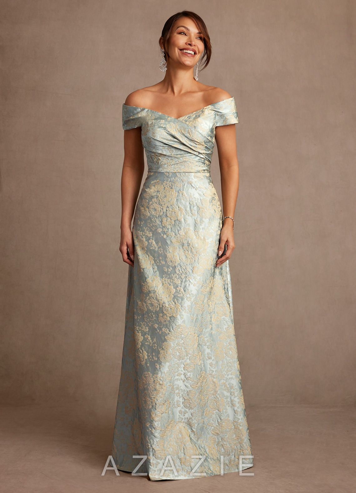 Azazie Beatrix Vintage Blue A-Line Off the Shoulder Floral Jacquard Dress vintage_blue
