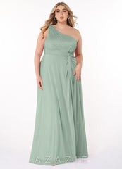 Azazie Brooke Agave A-Line One Shoulder Mesh Dress agave