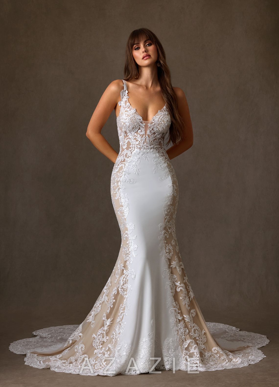 Azazie Estephanie Wedding Dress Diamond White Nude Mermaid Sequins Stretch Crepe Dress