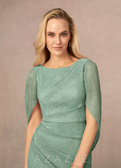 Azazie Paige Aquamarine Sheath Pleated Cape Metallic Mesh Dress aquamarine