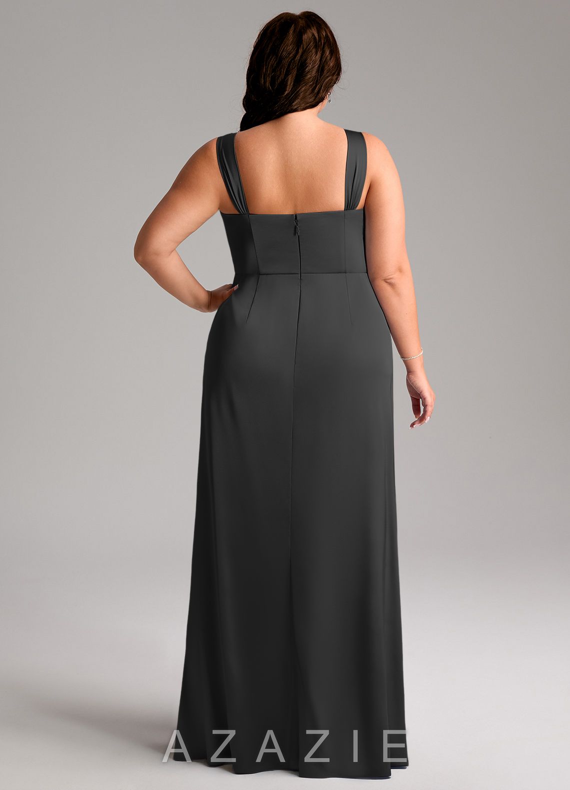 Azazie Denice Black Sheath Pleated Stretch Satin Dress black