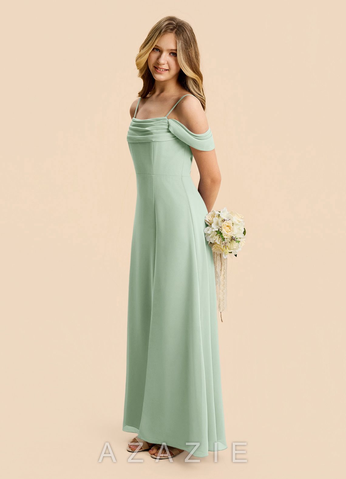Azazie Lilly Junior Agave A-Line Pleated Chiffon Dress agave