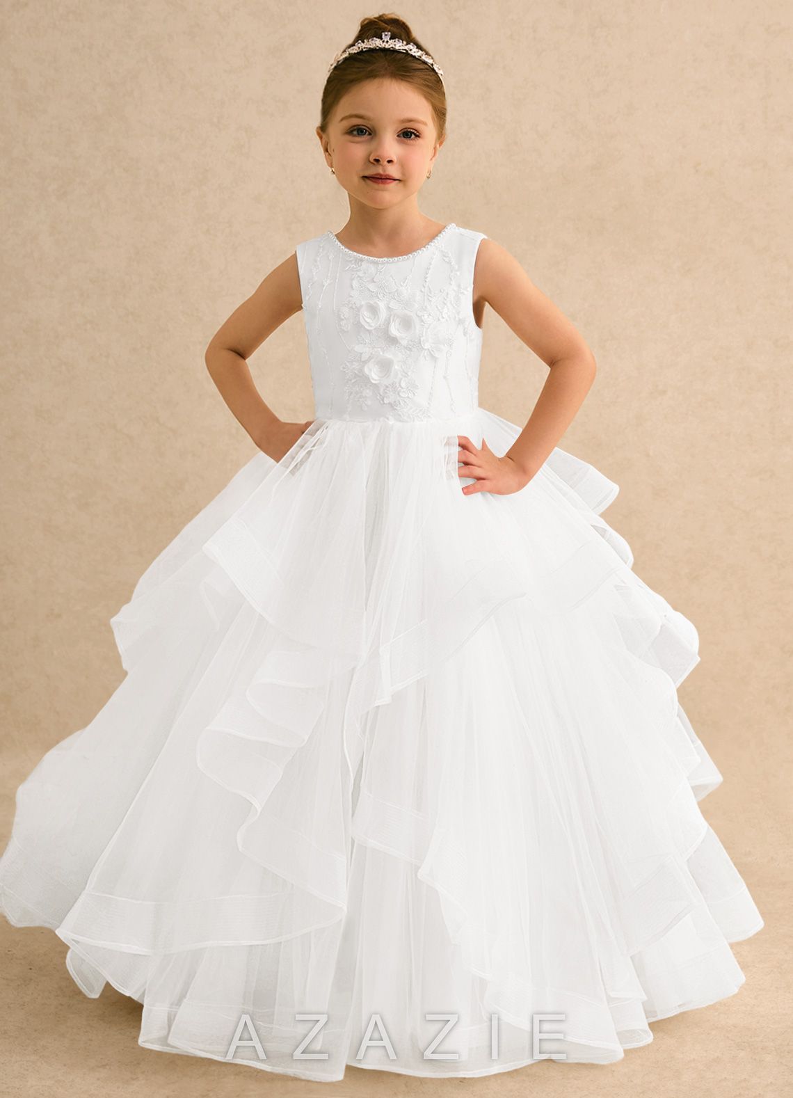 Azazie Claire Ivory Ball-Gown Beaded Tulle Dress ivory