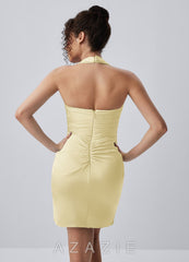 Jacqueline Butter Yellow Halter Satin Ruched Slit Mini Dress