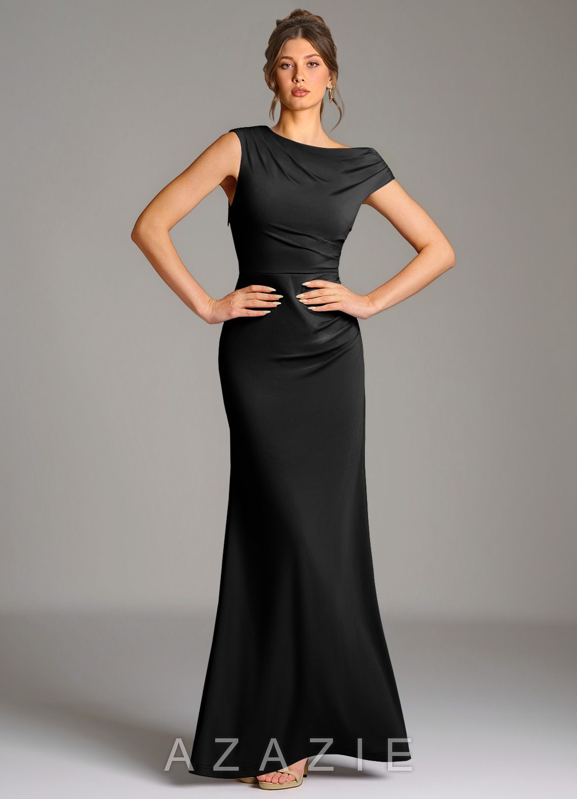 Azazie Nazanin Black Mermaid Off the Shoulder Premium Stretch Jersey Dress