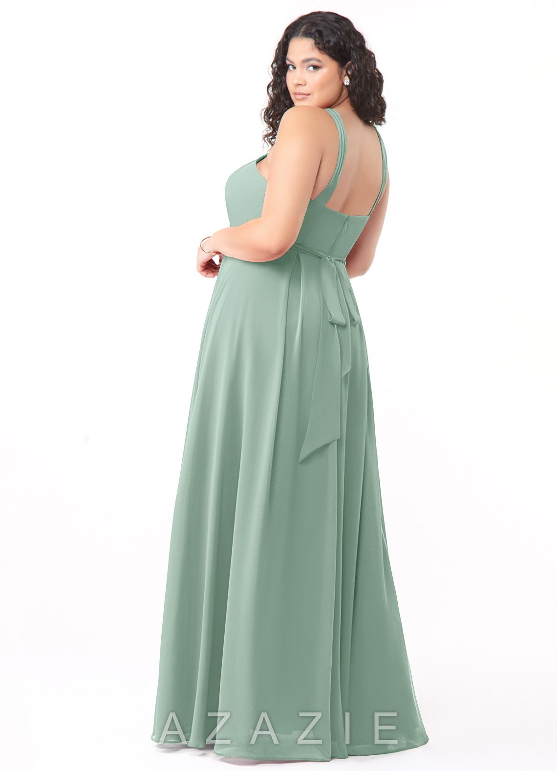 Azazie Dixie Agave A-Line Halter Pleated Chiffon Dress agave