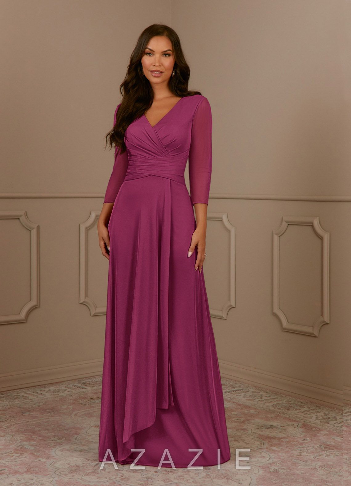 Azazie Annetta Mulberry A-Line V-Neck Pleated Mesh Dress