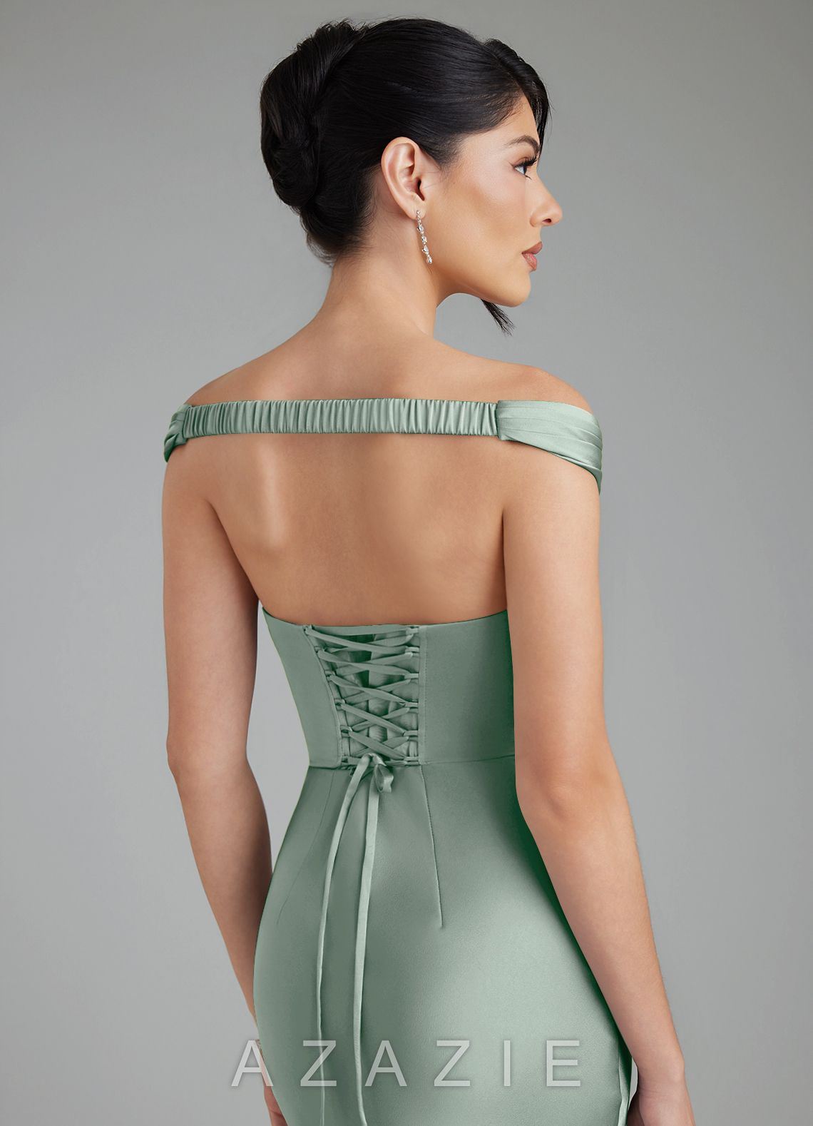 Azazie Stella Agave Sheath Corset Stretch Satin Convertible Dress agave