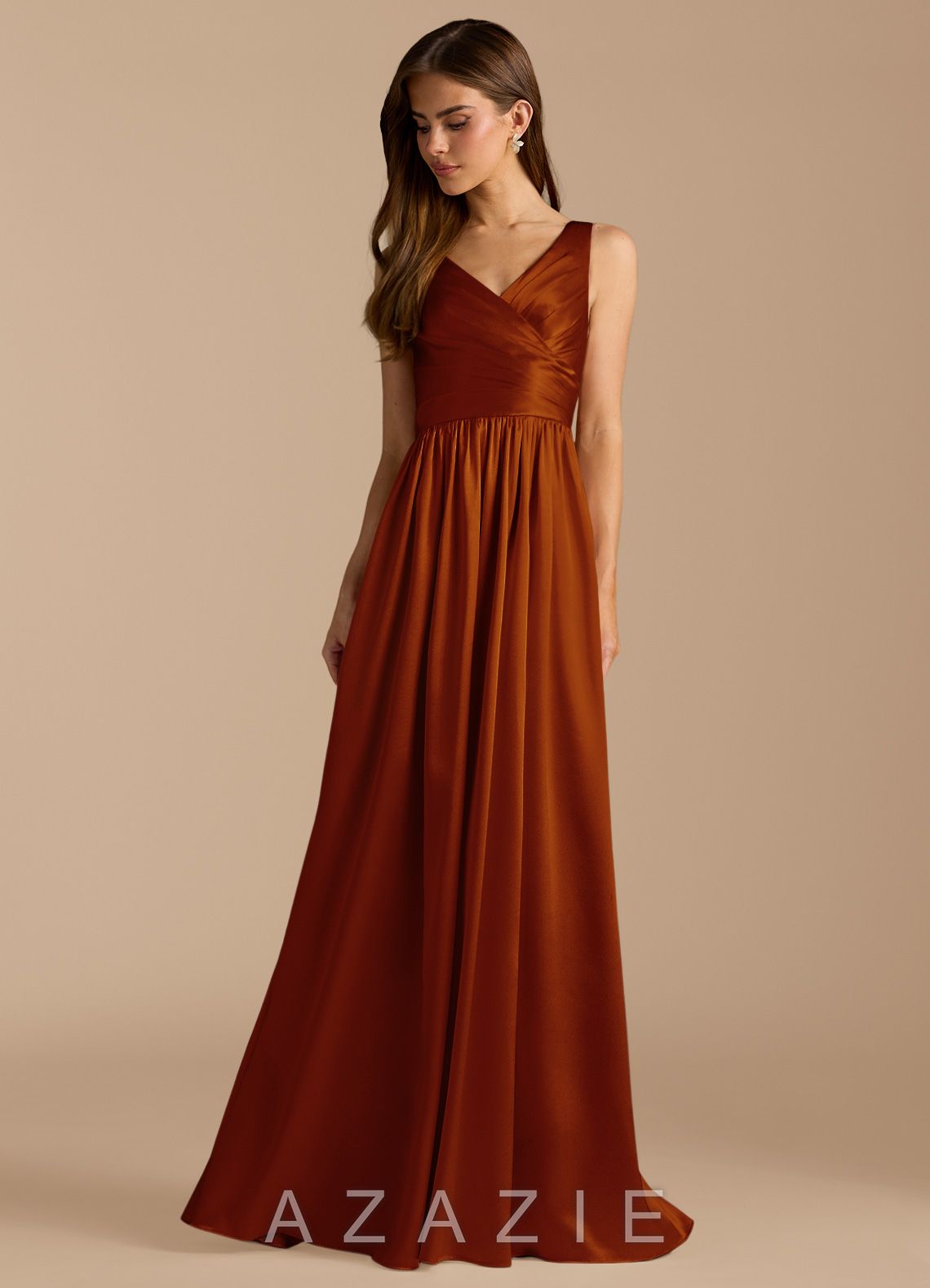 Azazie Keyla Auburn A-Line Pleated Metallic Satin Dress auburn