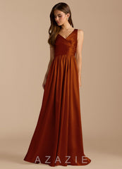 Azazie Keyla Auburn A-Line Pleated Metallic Satin Dress auburn