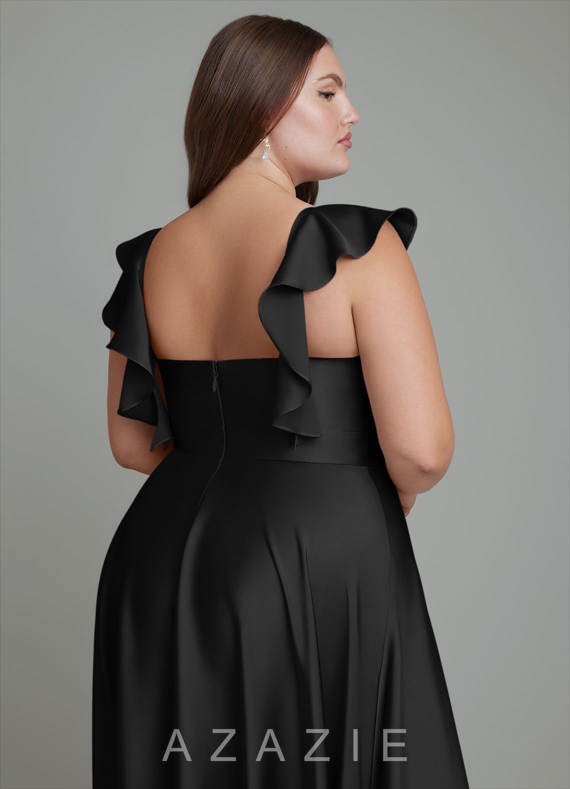 Azazie Leilani Black A-Line Ruched Stretch Satin Dress black