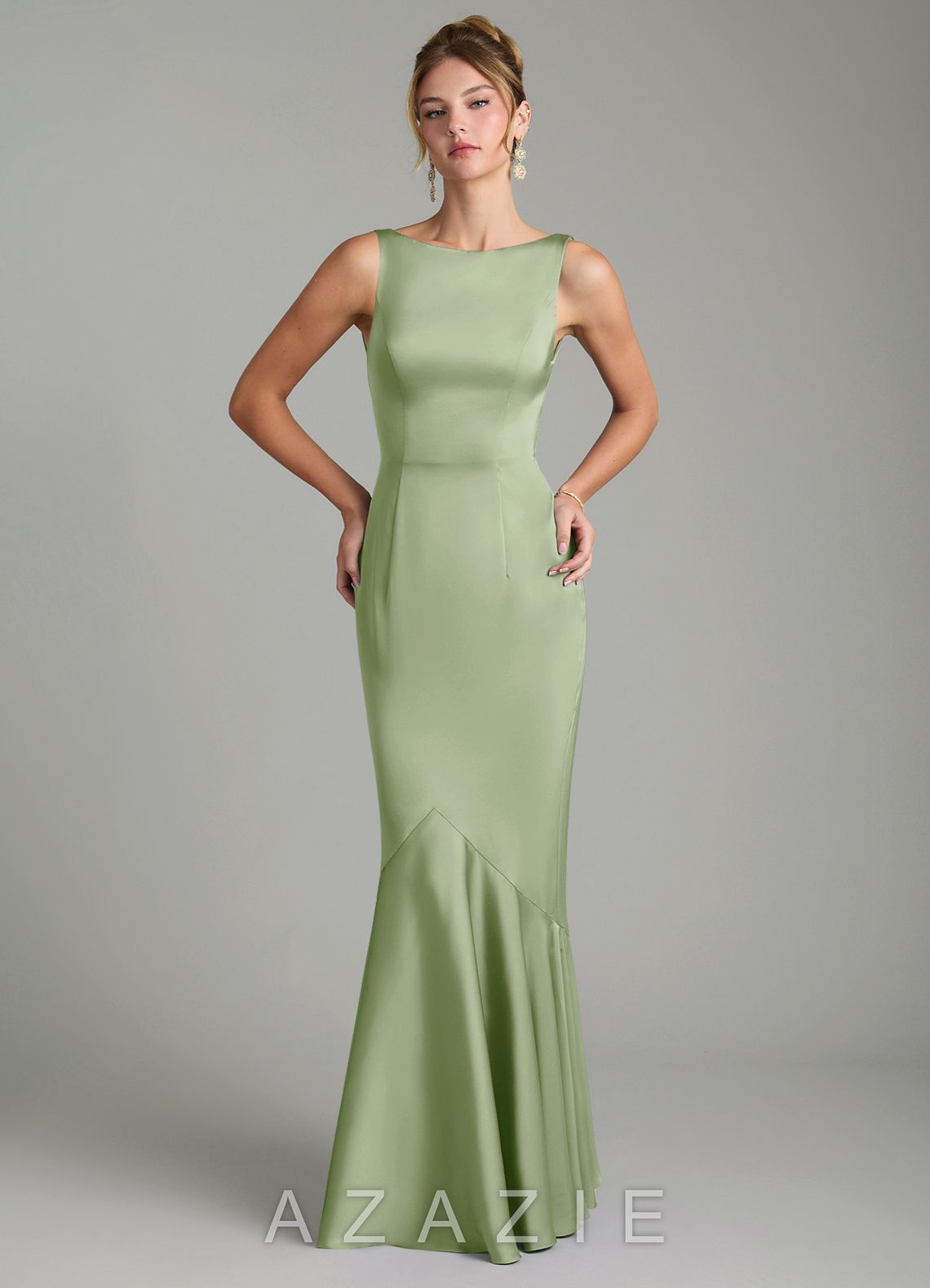 Azazie Tamera Dusty Sage Mermaid Pleated Stretch Satin Dress dusty_sage