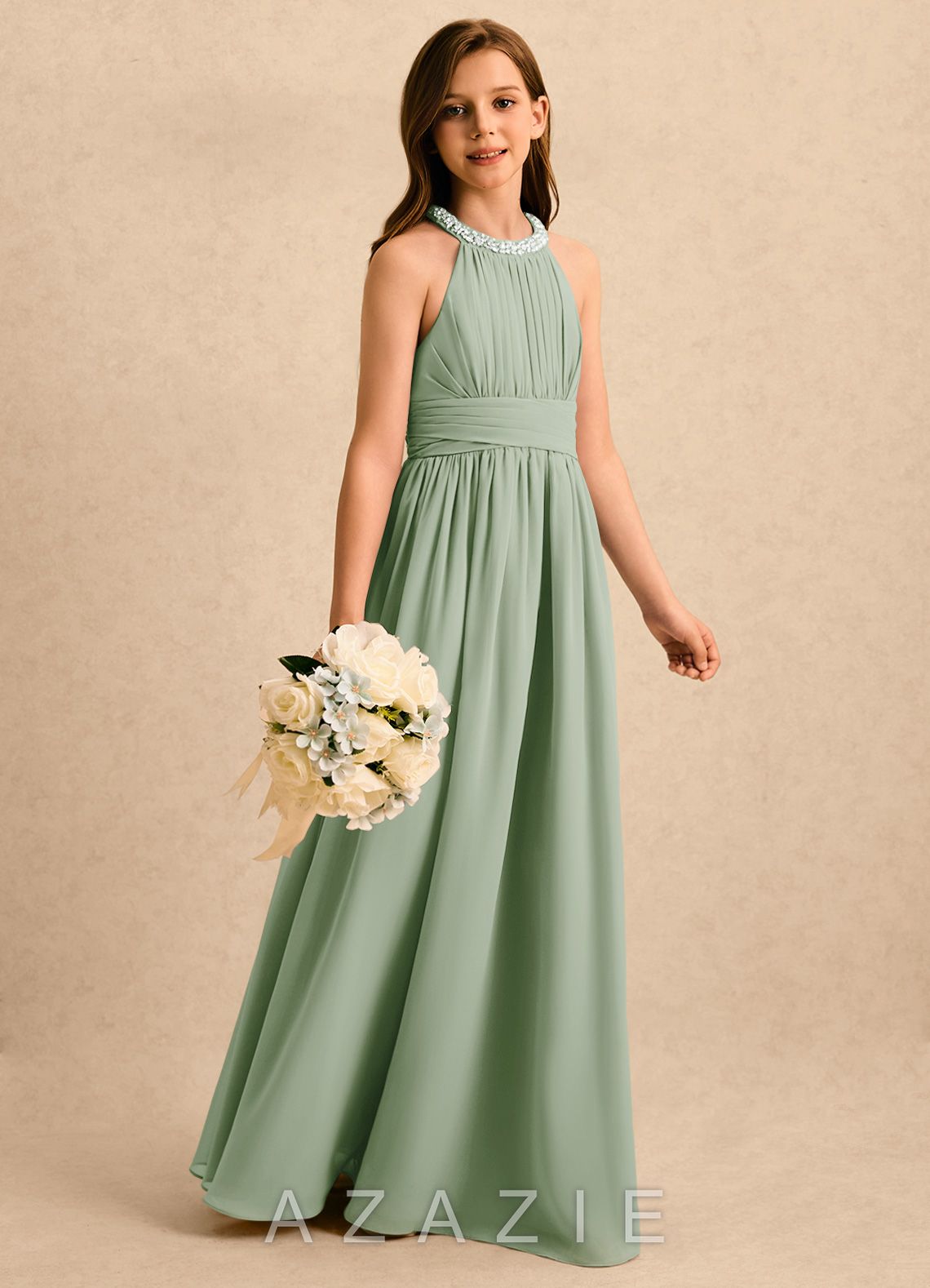 Azazie Aria Girls Formal Dusty Sage A-Line Pleated Chiffon Dress dusty_sage
