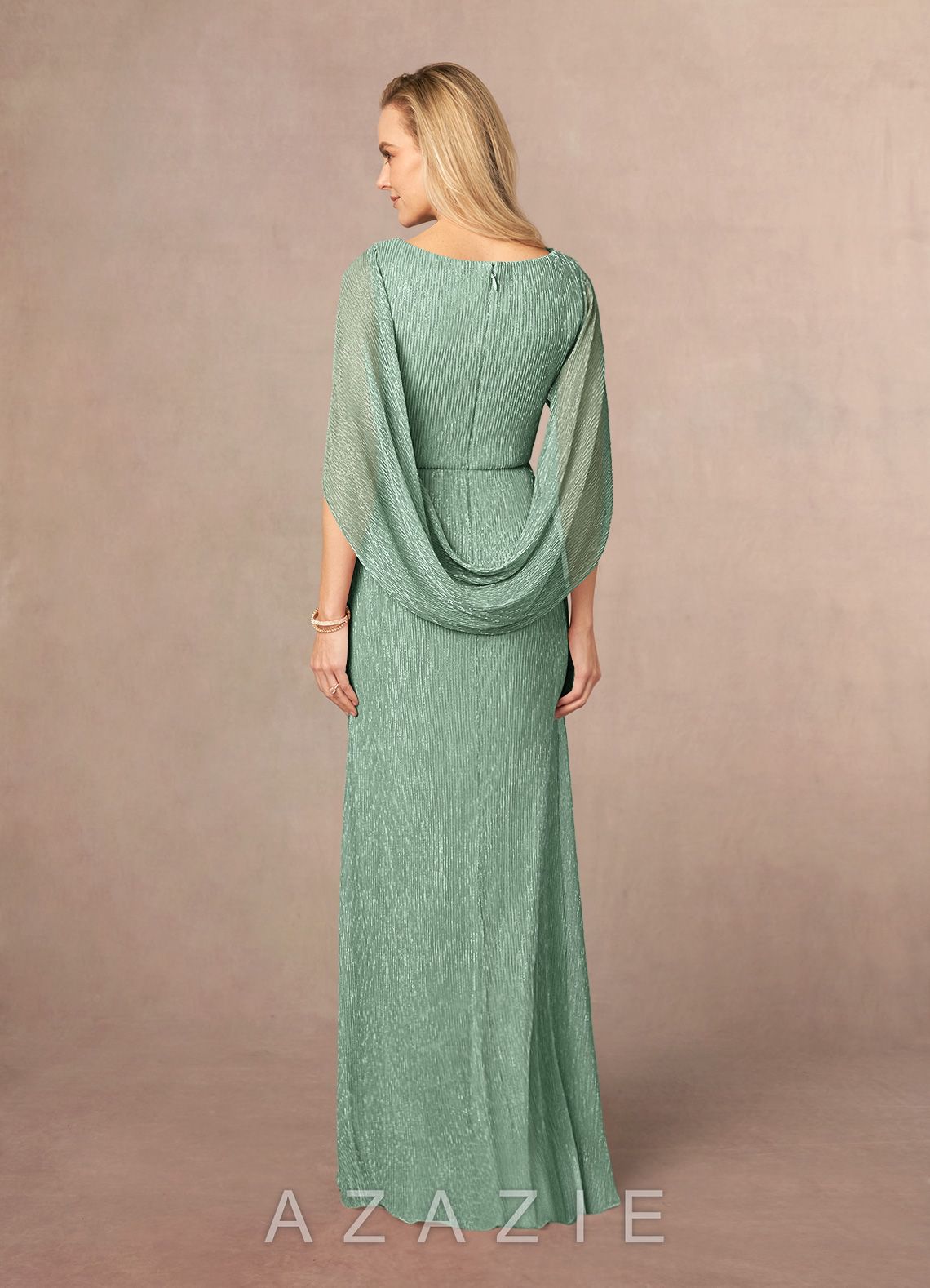 Azazie Paige Aquamarine Sheath Pleated Cape Metallic Mesh Dress aquamarine