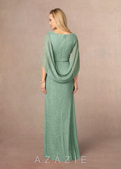 Azazie Paige Aquamarine Sheath Pleated Cape Metallic Mesh Dress aquamarine
