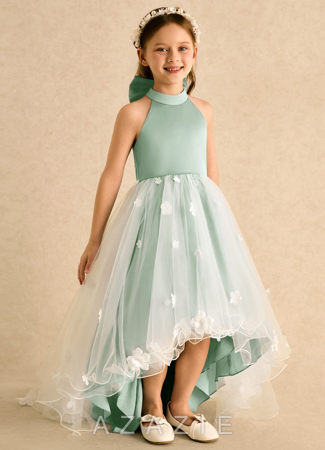 Azazie Cerra Agave A-Line Pleated Tulle Dress agave