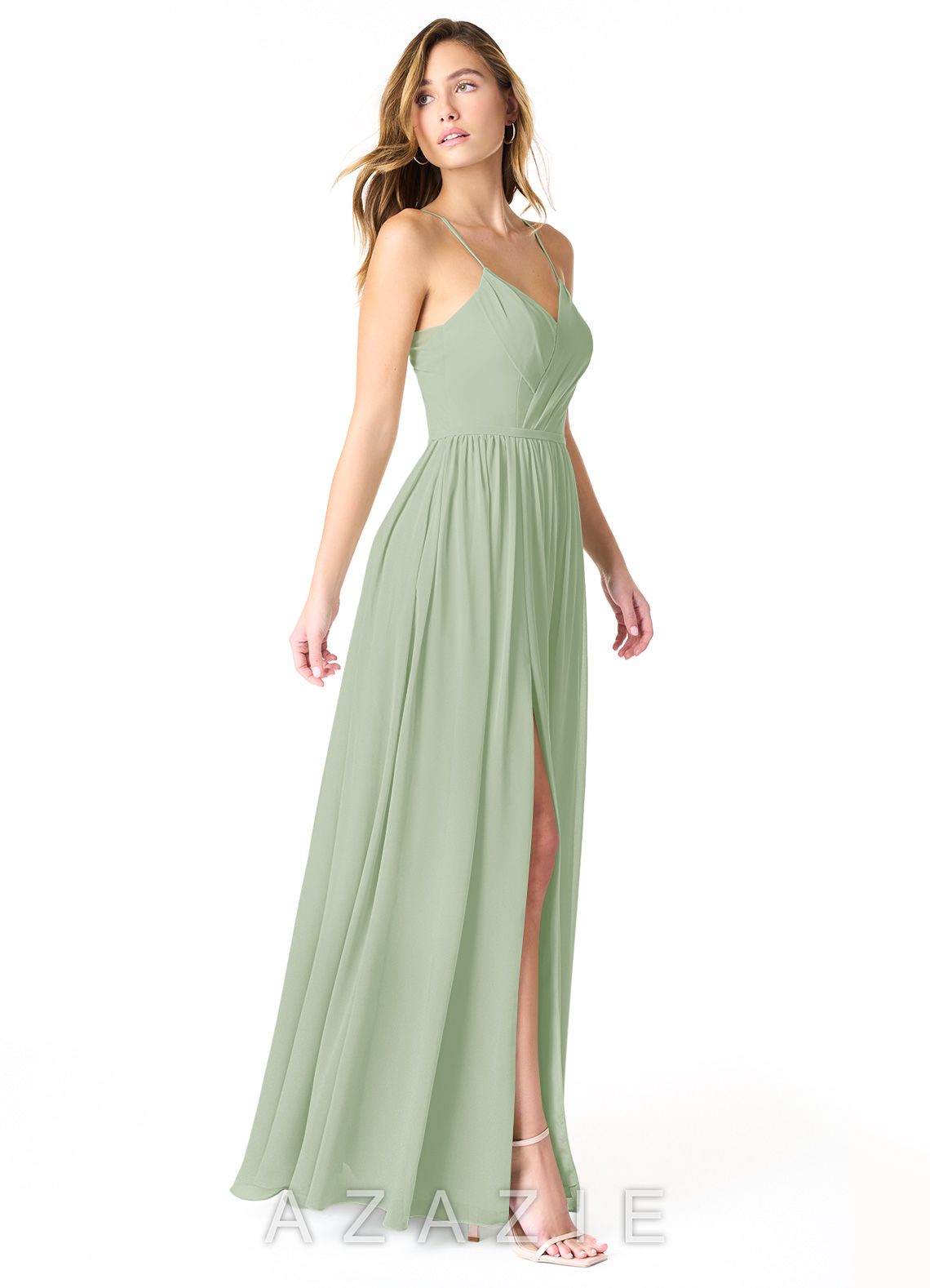Azazie Cora Dusty Sage A-Line Pleated Chiffon Dress dusty_sage