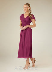 Azazie Vera Mulberry A-Line V-Neck Pleated Mesh Dress mulberry