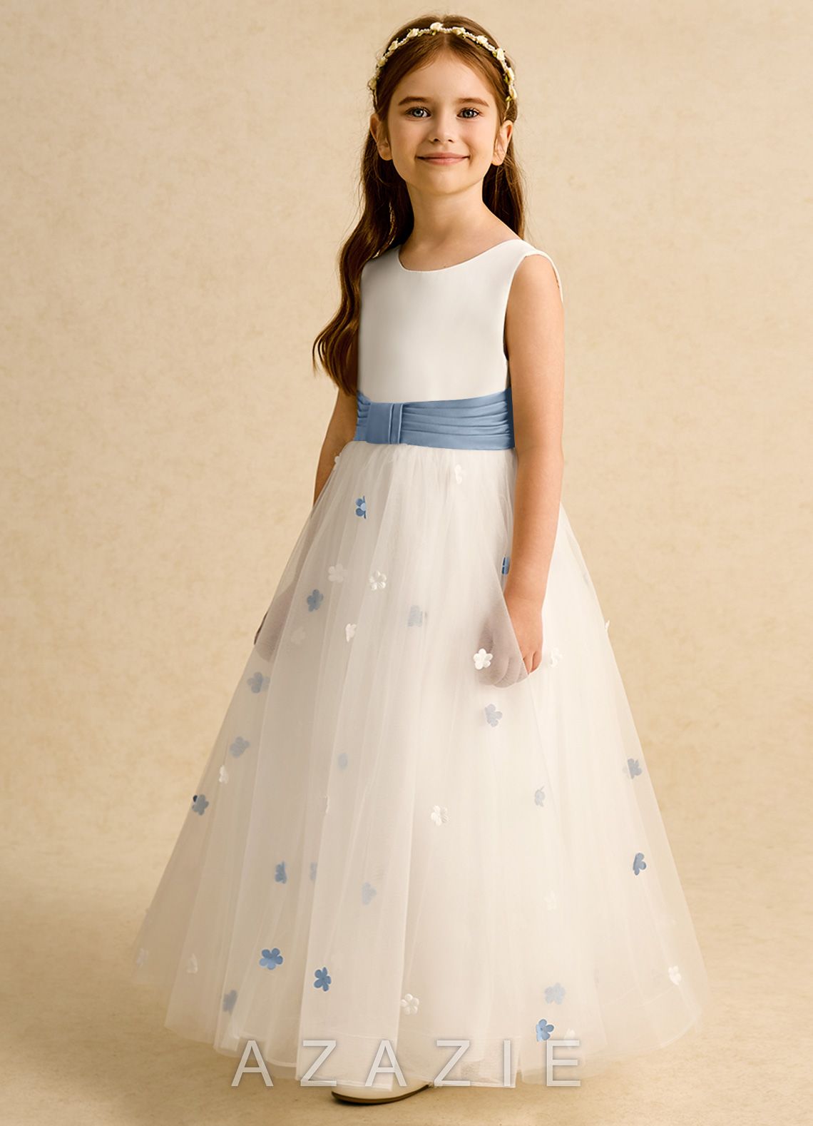 Azazie Cricket Ivory Dusty Blue Ball-Gown Pleated Matte Satin Dress ivory/dusty_blue