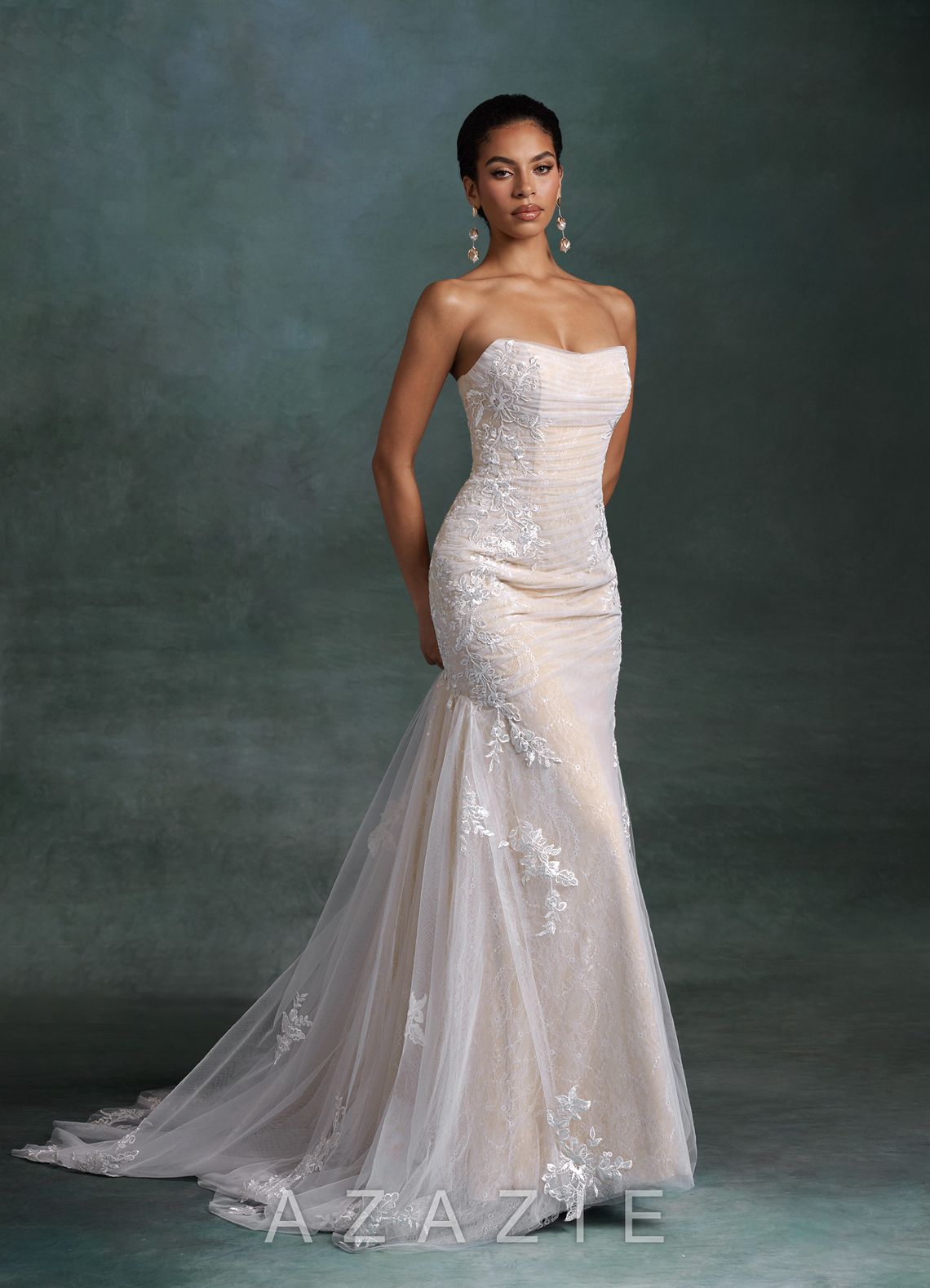 Azazie Ella Diamond White Champagne Mermaid Sweetheart Neckline Tulle Dress diamond_white/champagne