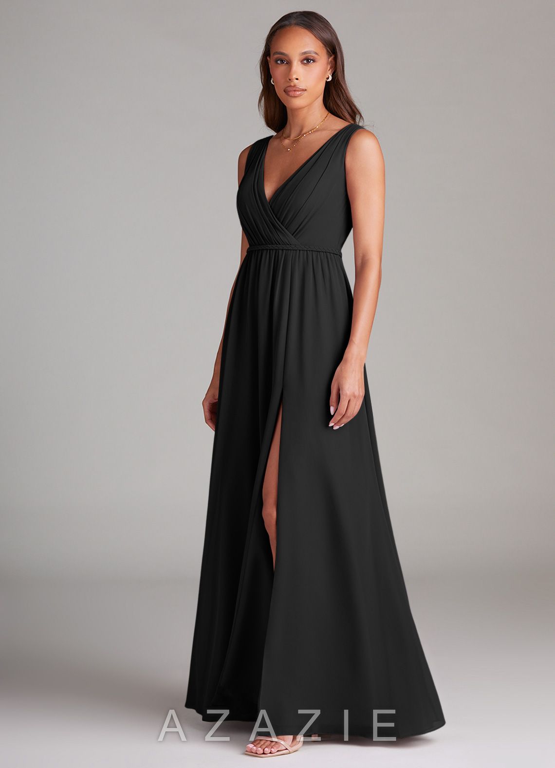 Azazie Tanicia Black A-Line Pleated Chiffon Dress black