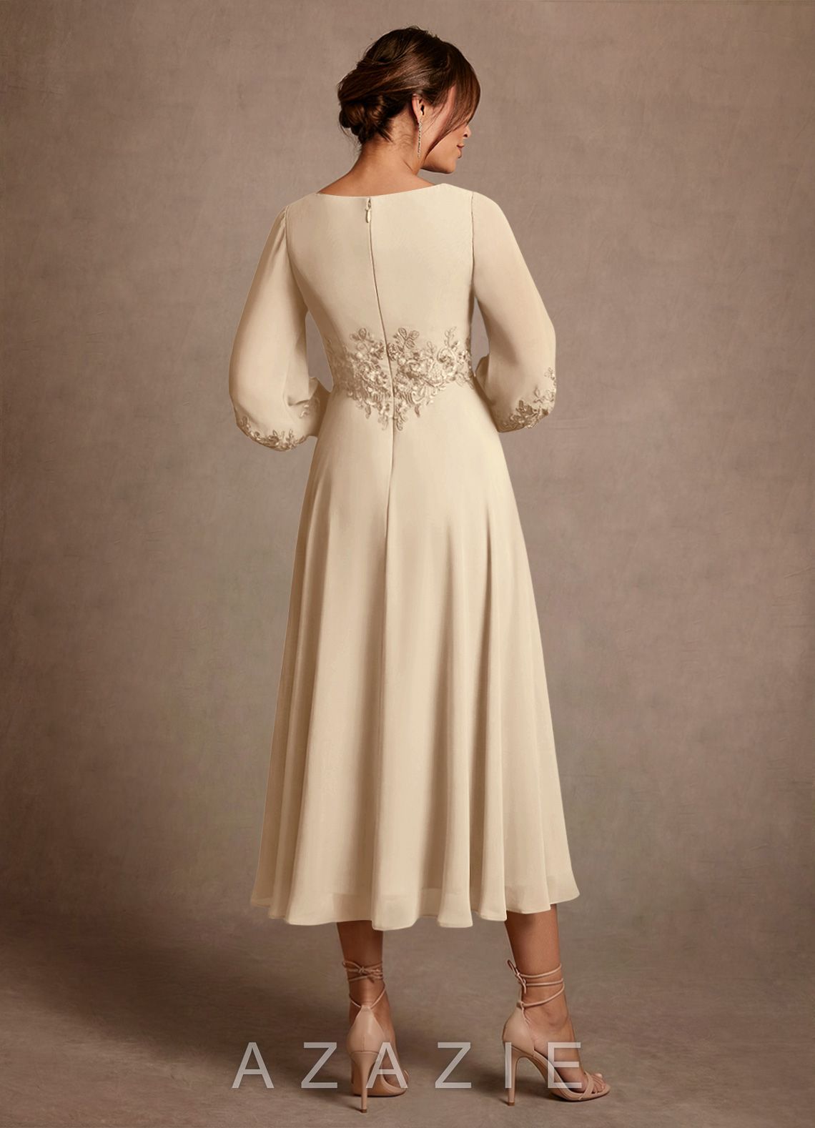 Azazie Ana Champagne A-Line Lace Chiffon Dress champagne