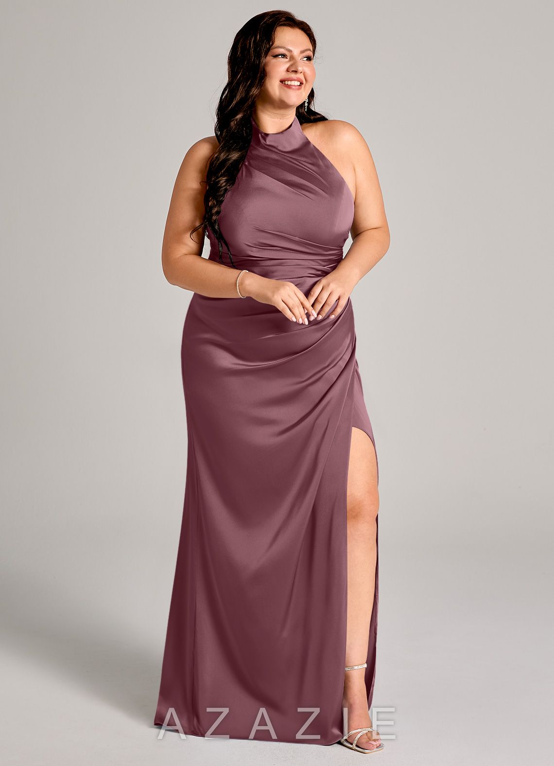 Azazie Jemma Amethyst Sheath Pleated Stretch Satin Dress amethyst