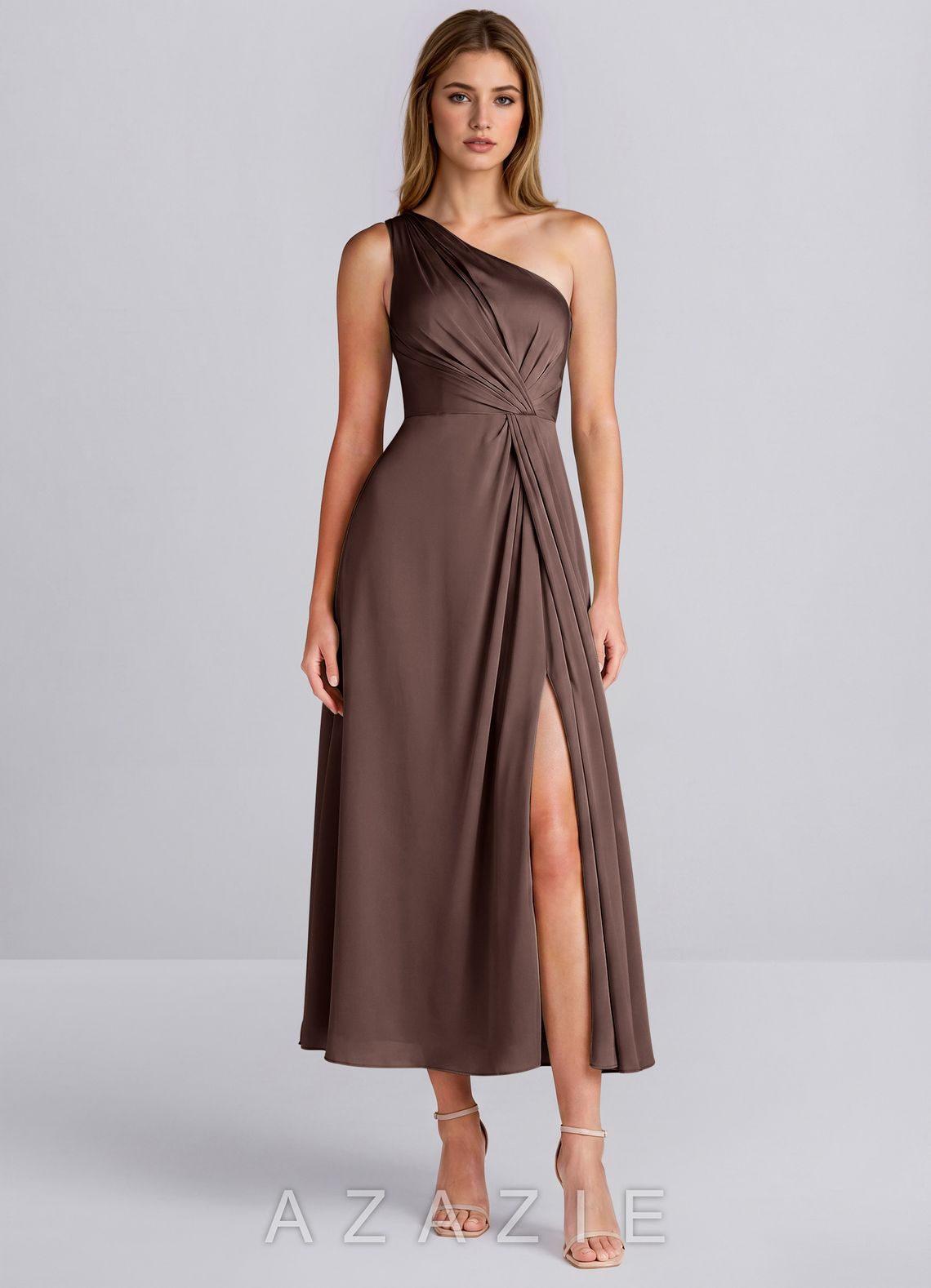 Hermine Ganache One Shoulder Satin Slit Midi Dress