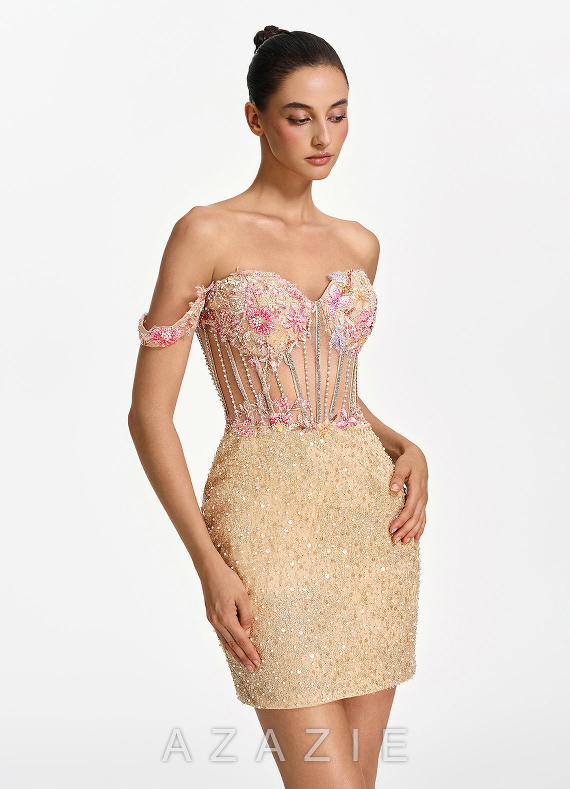Elowenora Champagne 3D Flower Beading Rhinestone Corset Sequin Embroidery Tulle 