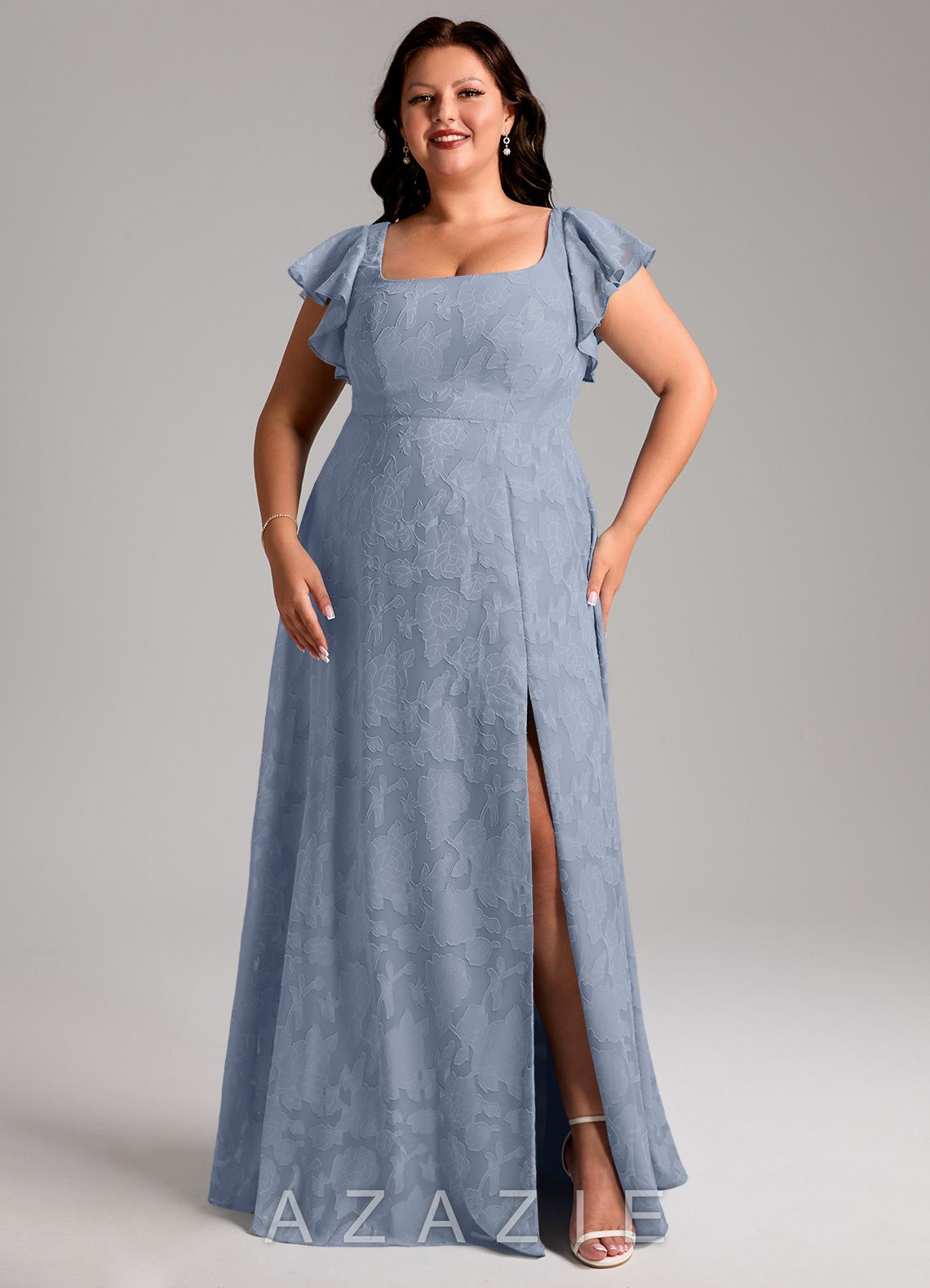 Azazie Bondi Dusty Blue A-Line Side Slit Floral Burnout Dress dusty_blue