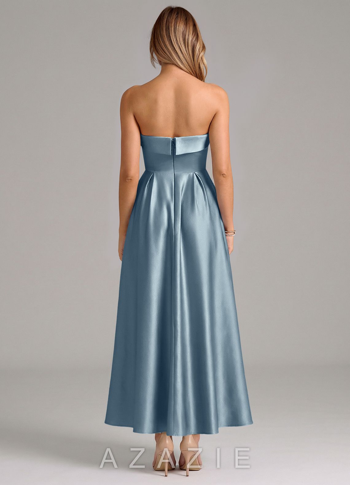 Azazie Lucienne Dusty Blue A-Line Pleated Stretch Satin Dress dusty_blue