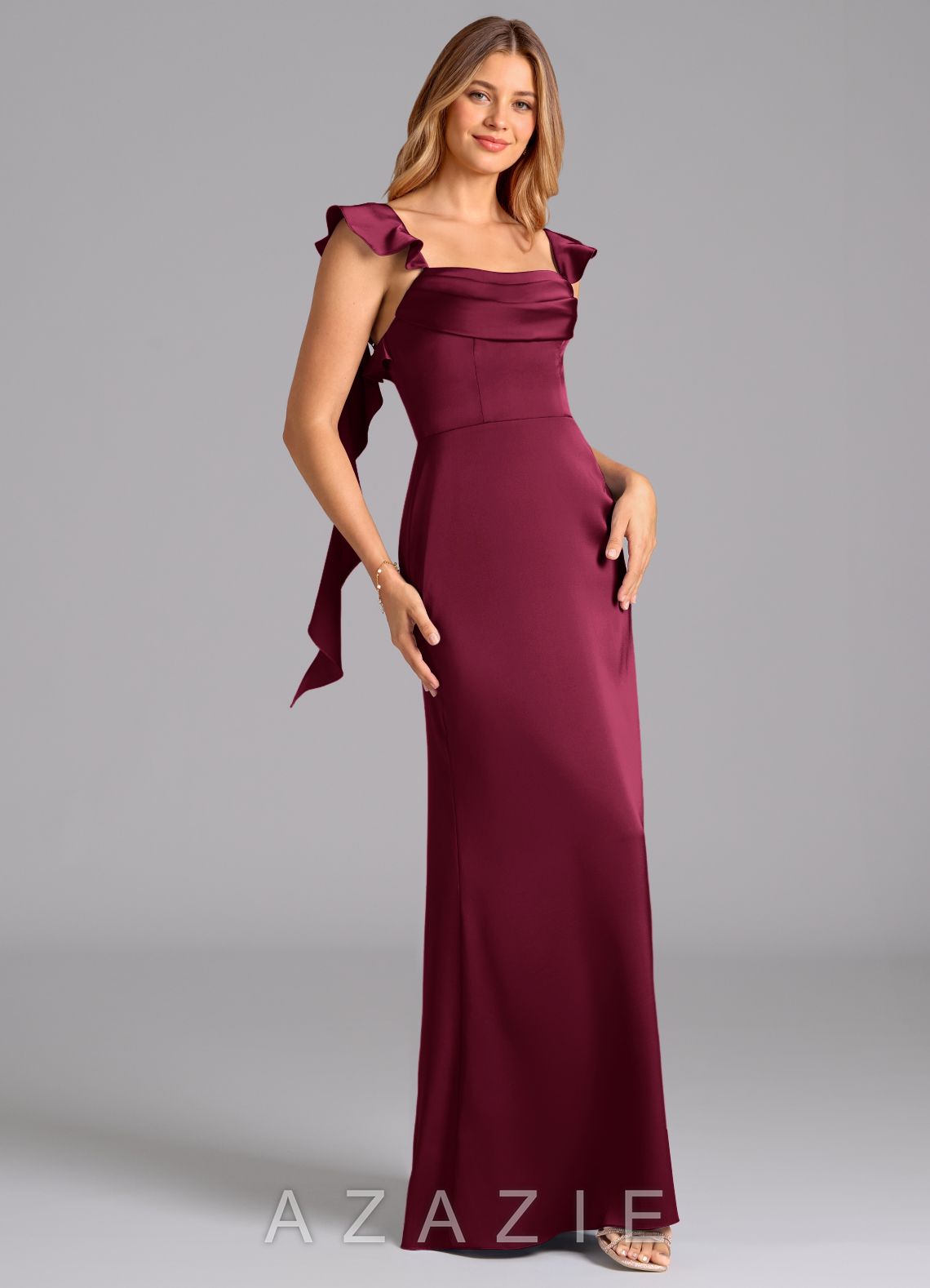 Azazie Adi Burgundy A-Line Pleated Stretch Satin Dress burgundy