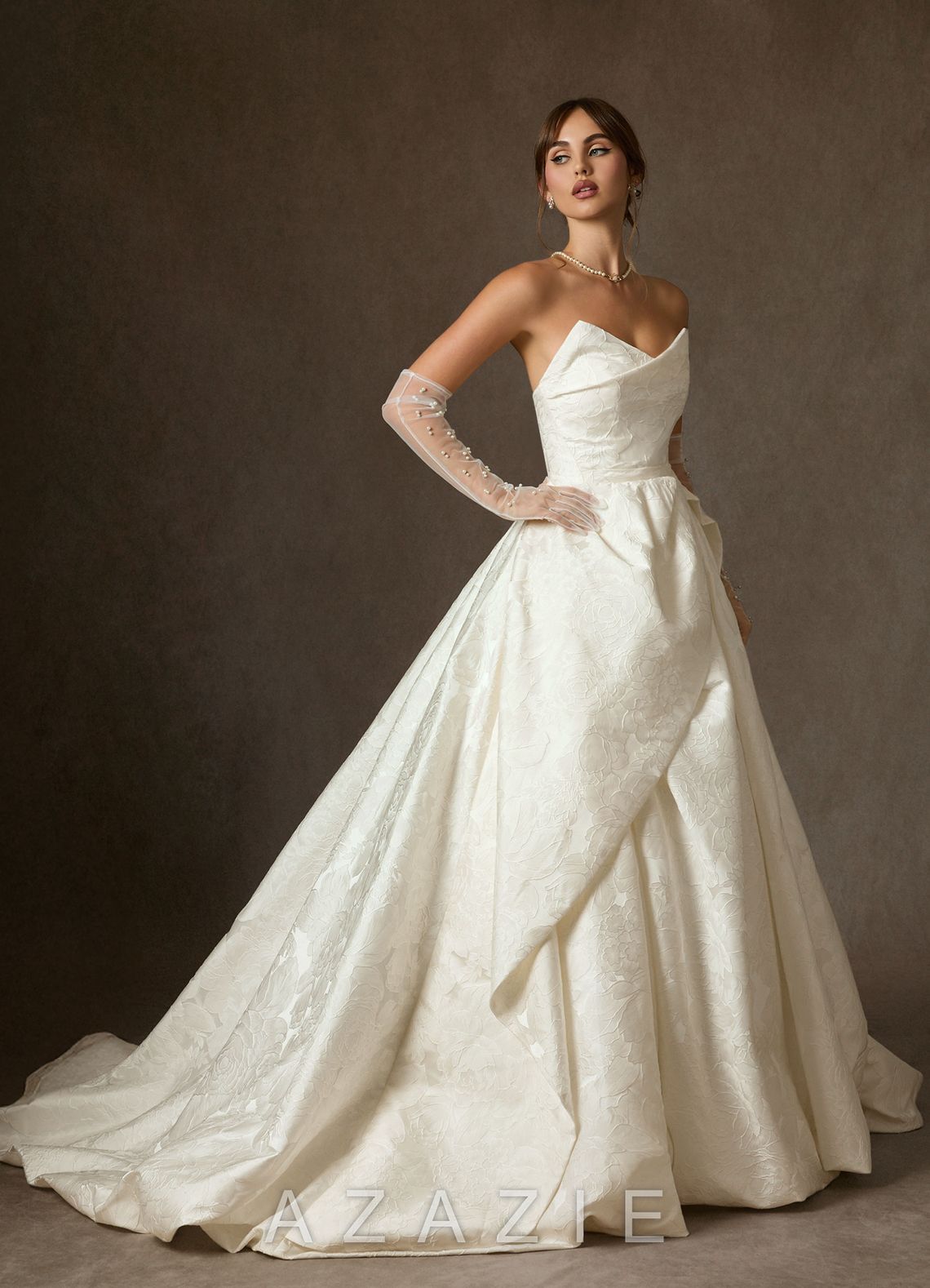 Azazie Allira Antique White Ball-Gown Strapless Floral Jacquard Dress