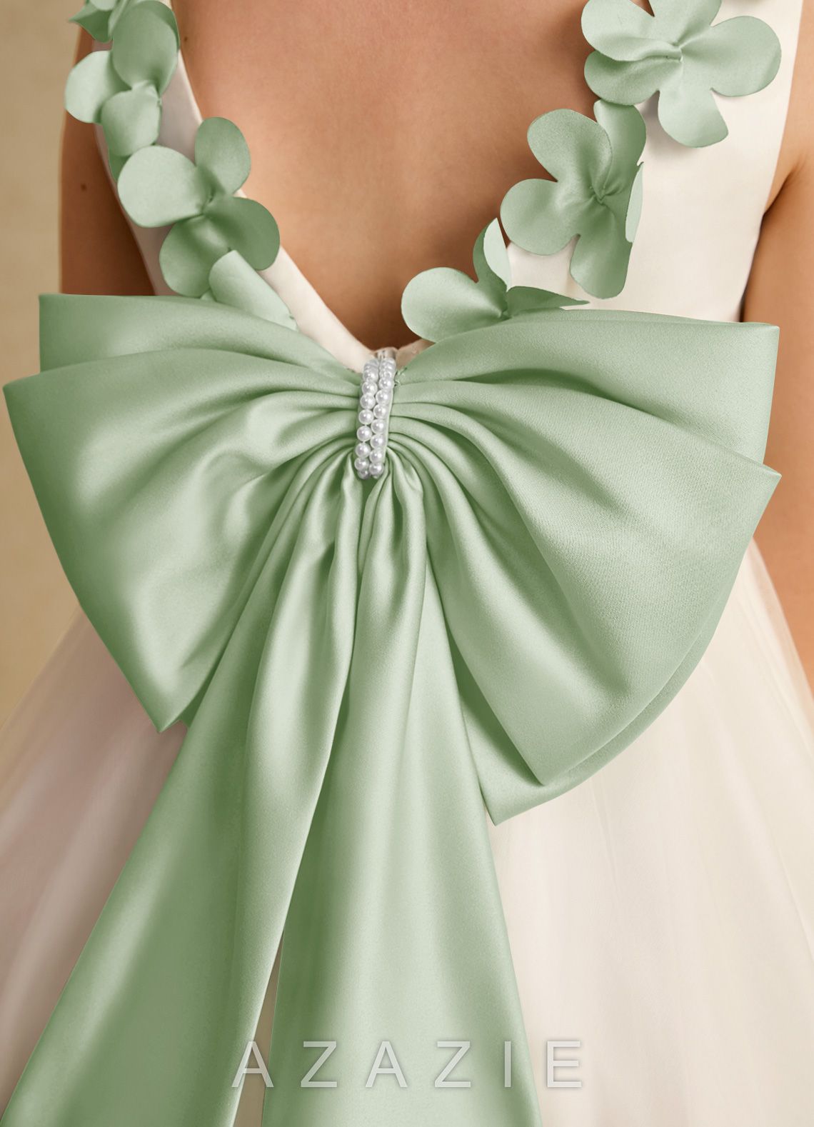 Azazie Lilli Ivory Dusty Sage A-Line Bow Tulle Dress ivory/dusty_sage
