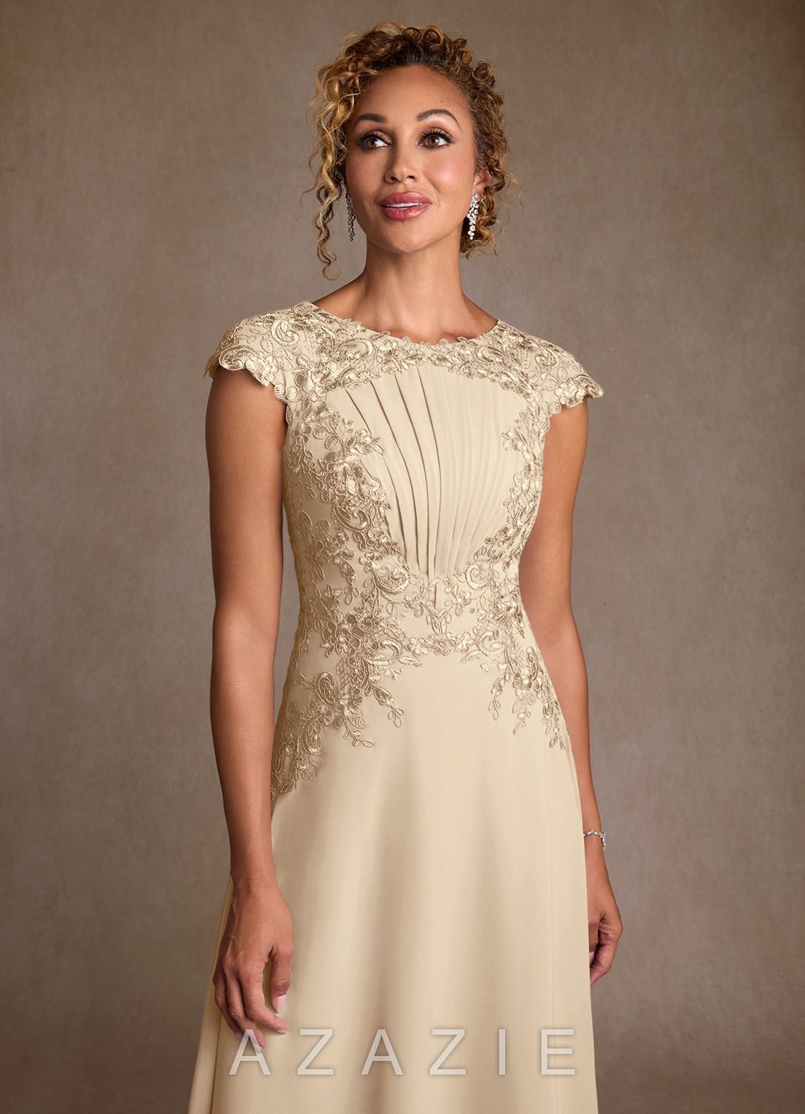Azazie Christi Champagne A-Line Lace Chiffon Dress champagne