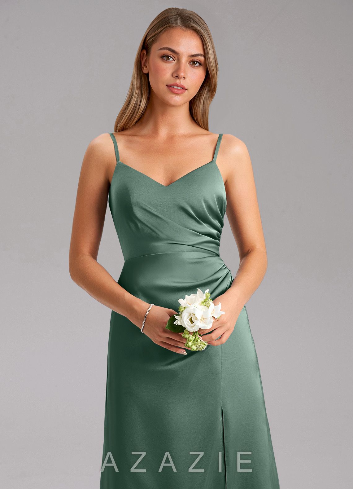 Azazie Azuree Eucalyptus A-Line Pleated Stretch Satin Dress eucalyptus