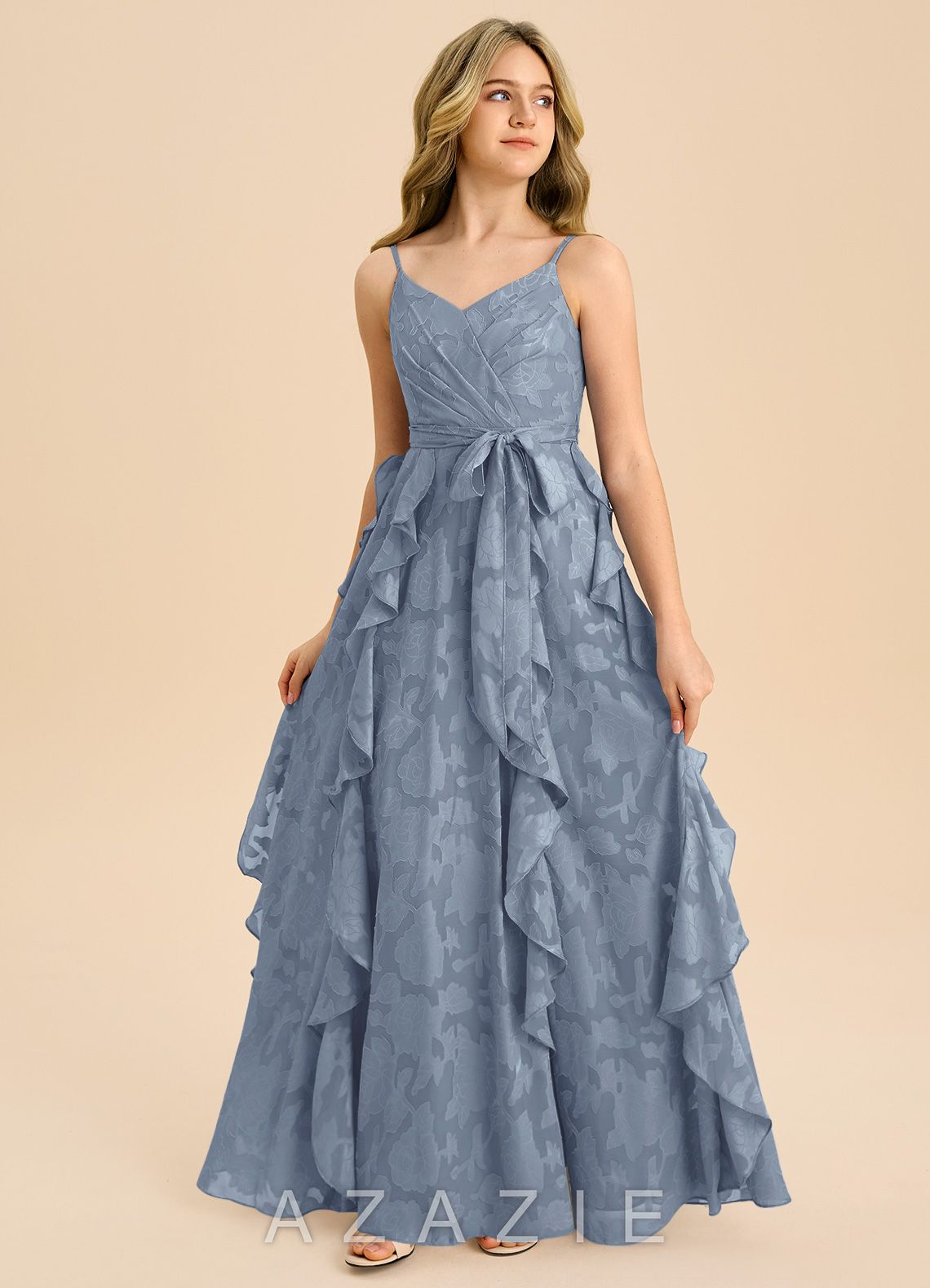 Azazie Peyton Junior Dusty Blue A-Line Pleated Floral Burnout Dress dusty_blue