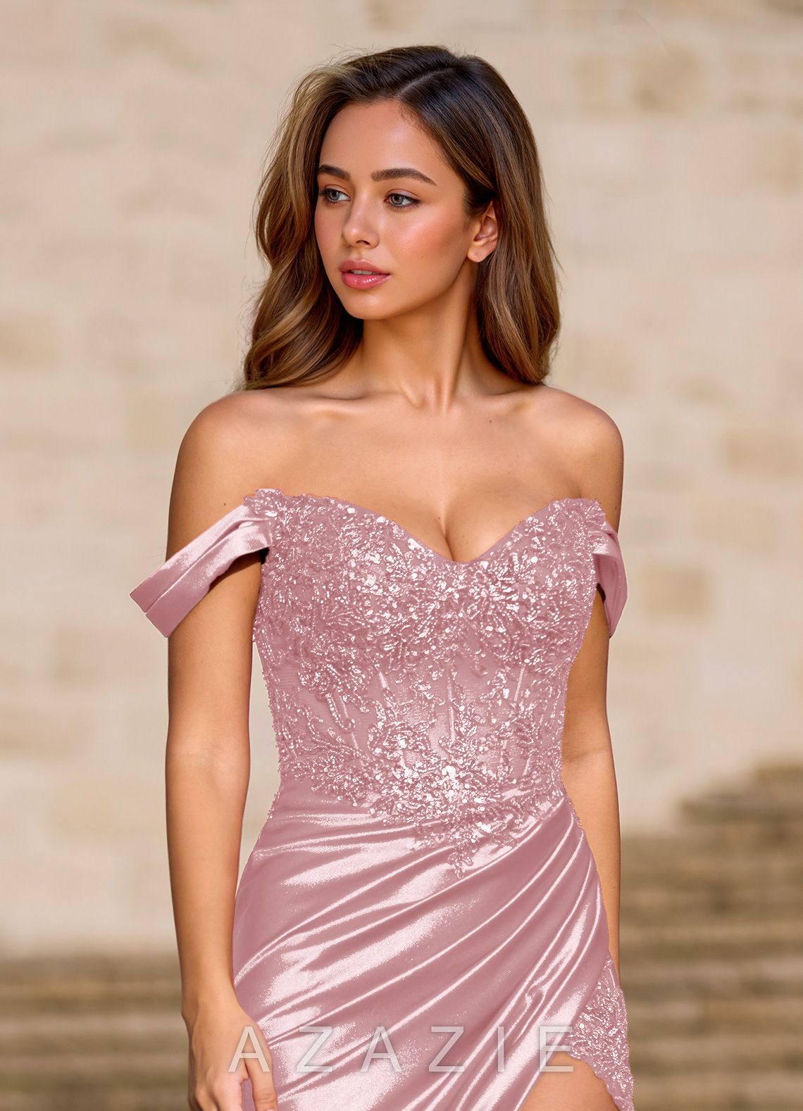 Deliacor Blushing Pink Mermaid Off-the-Shoulder Floral Corset Prom Dress