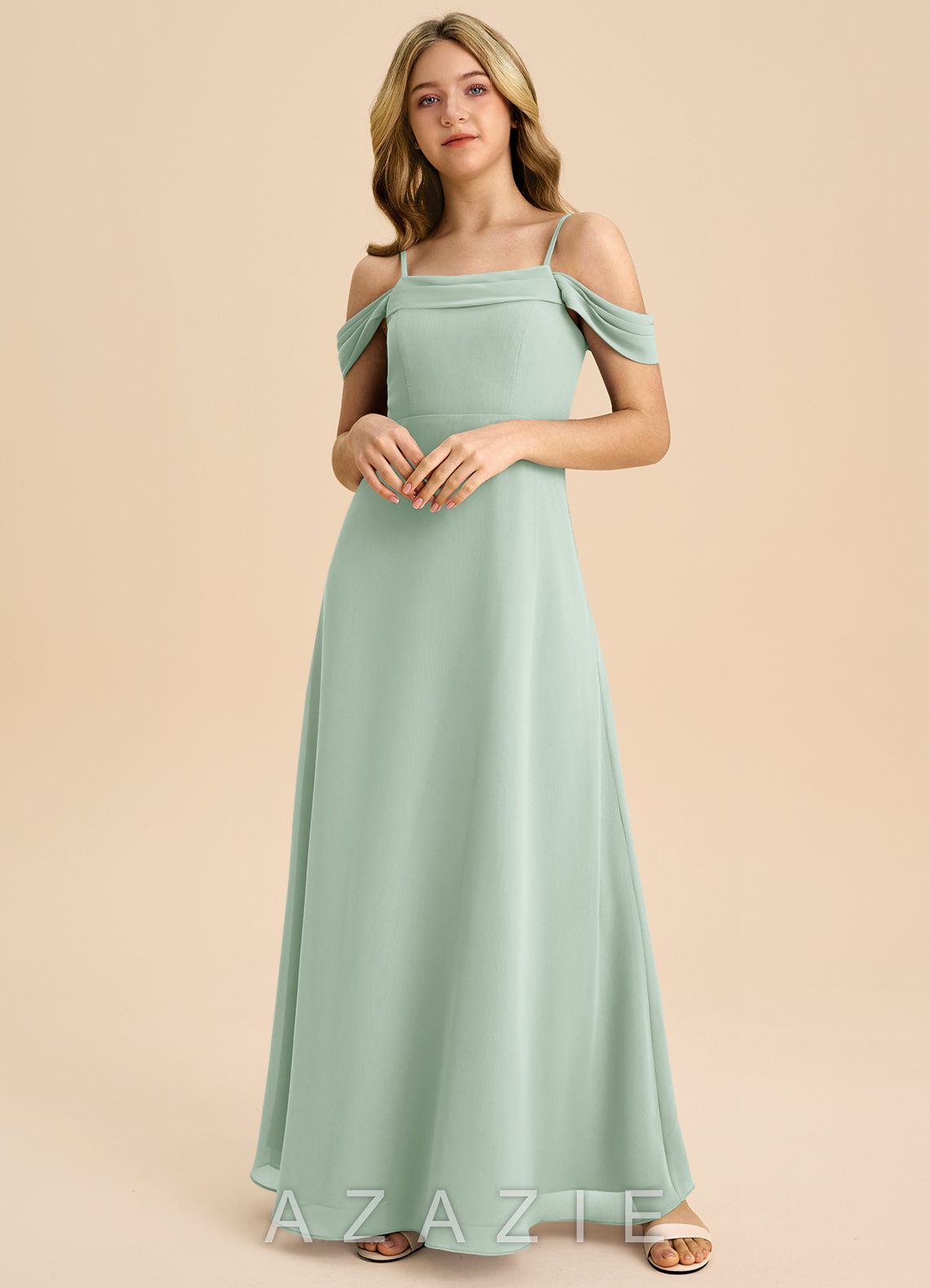 Azazie Anselie Junior Agave A-Line Off the Shoulder Chiffon Dress agave