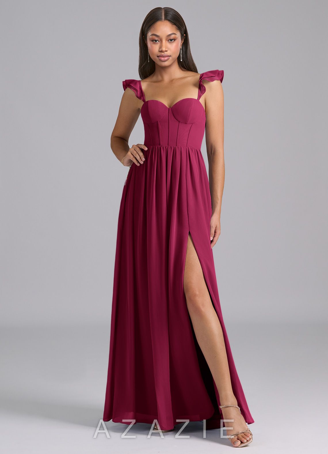 Azazie Denisse Burgundy A-Line Ruched Chiffon Dress burgundy