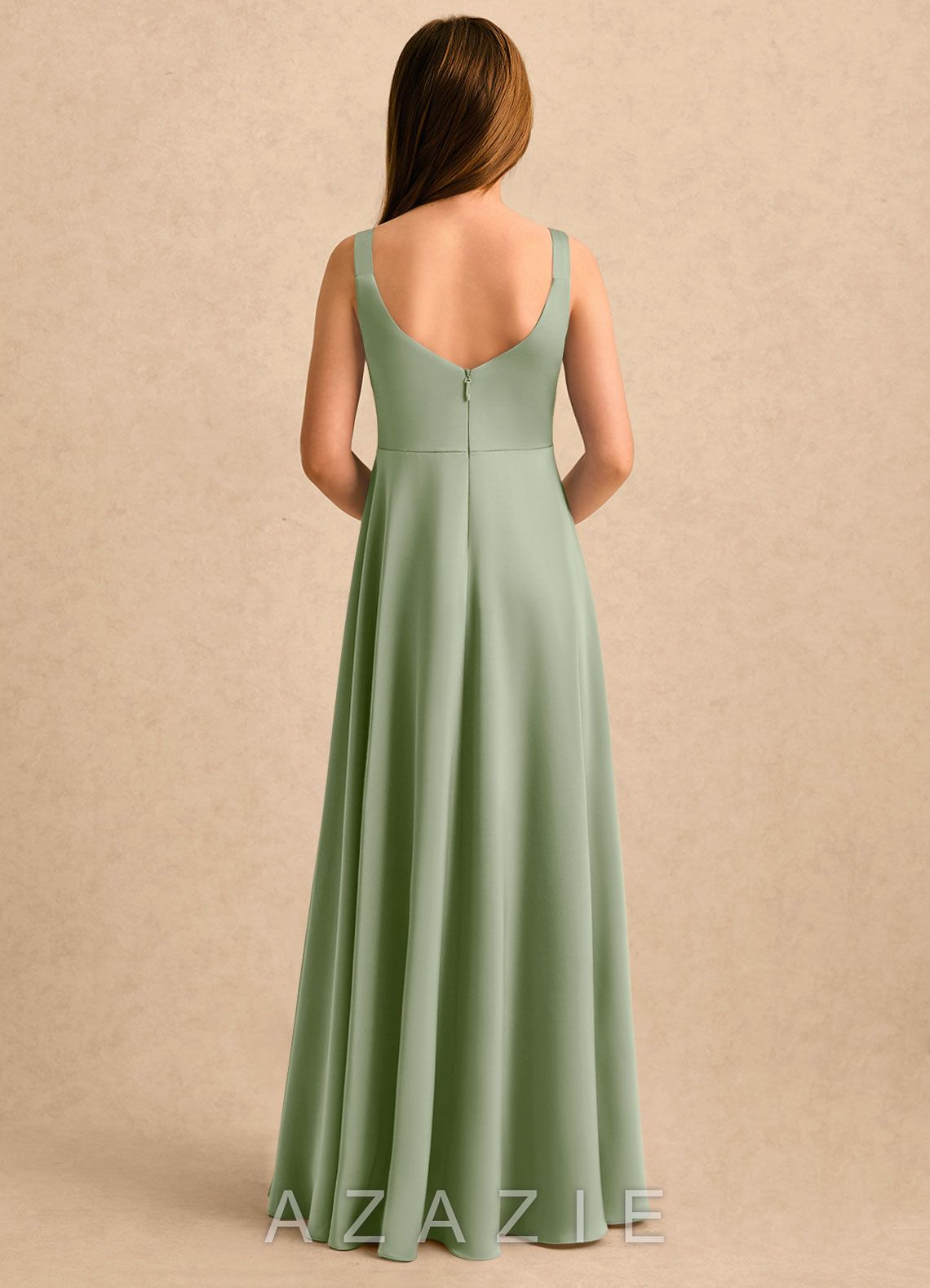 Azazie June Girls Formal Dusty Sage A-Line Lace Stretch Satin Dress dusty_sage