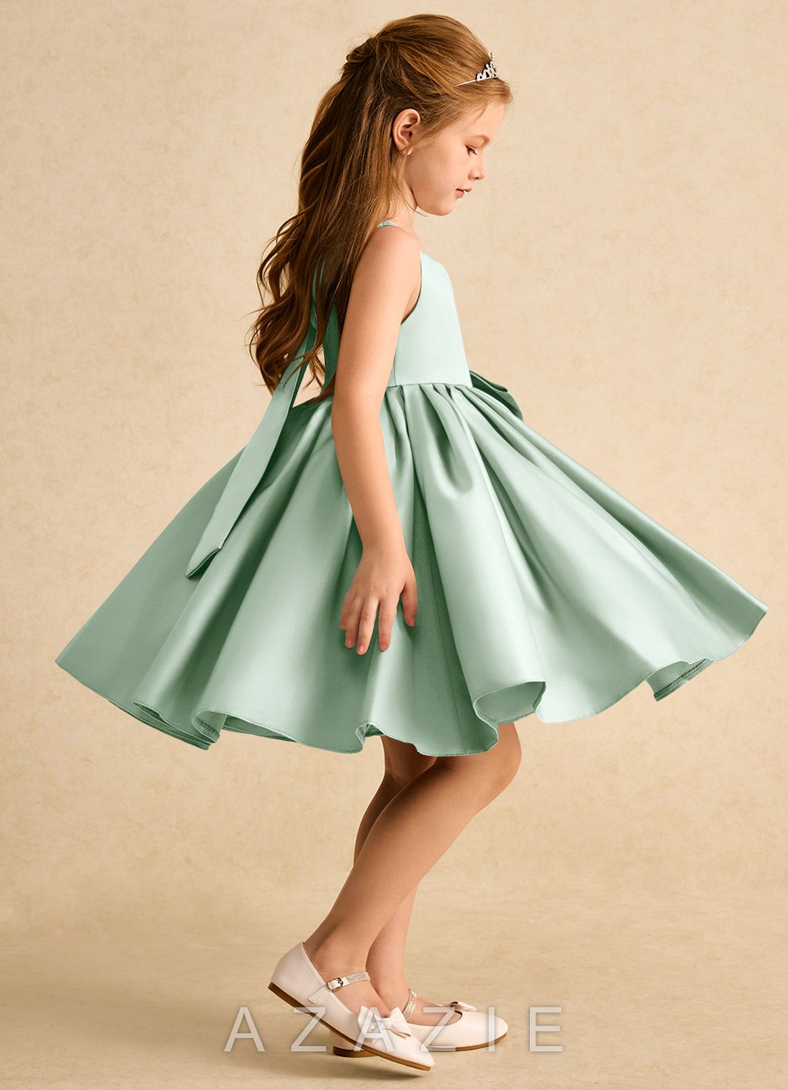 Azazie Jessie Agave A-Line Bow Matte Satin Dress agave