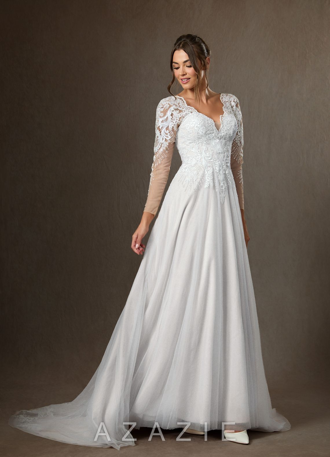 Azazie Essy Wedding Dress Diamond White A-Line V-Neck Sequins Tulle Dress diamond_white