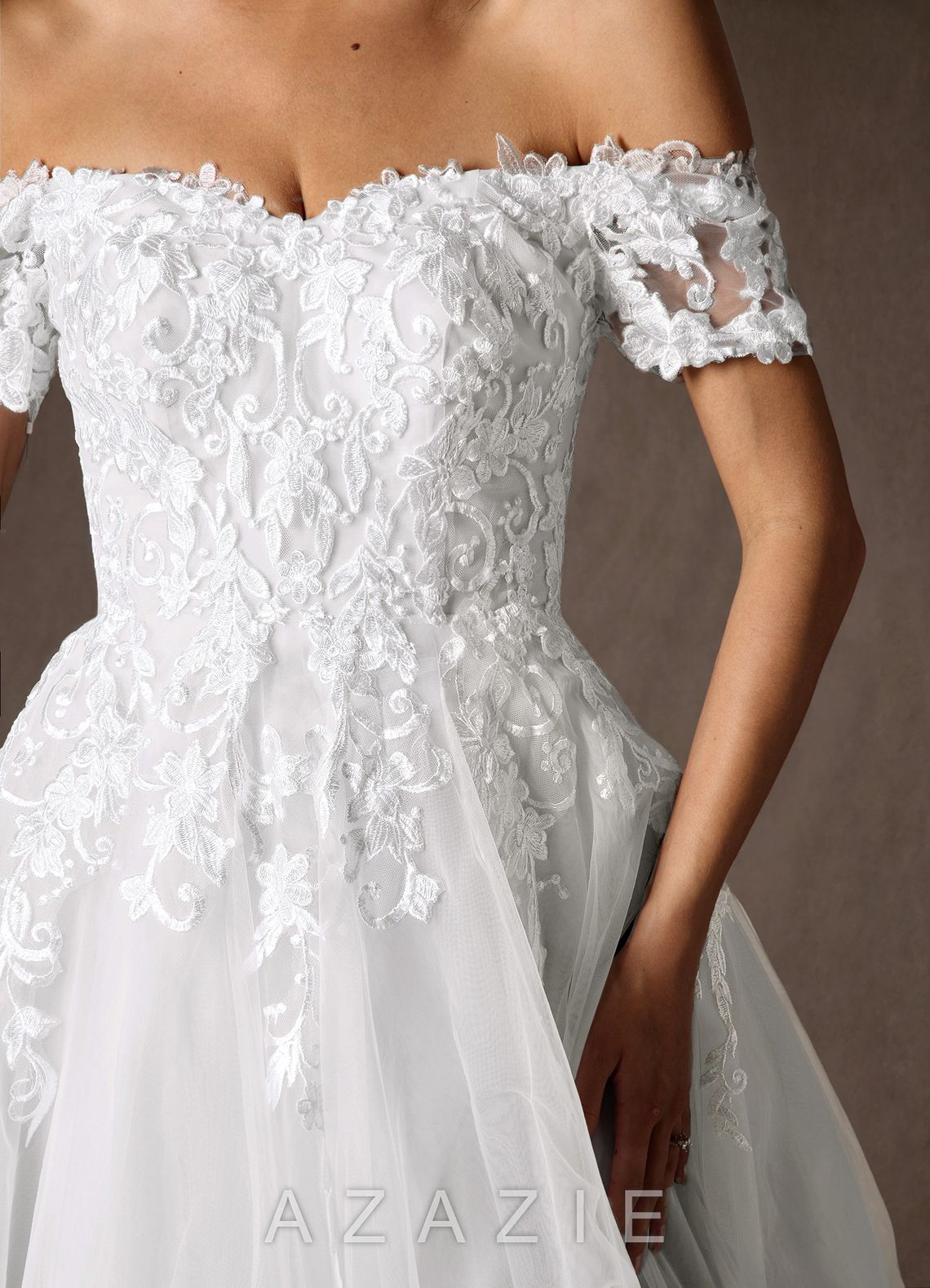 Azazie Rowe Diamond White A-Line Off the Shoulder Lace Dress diamond_white