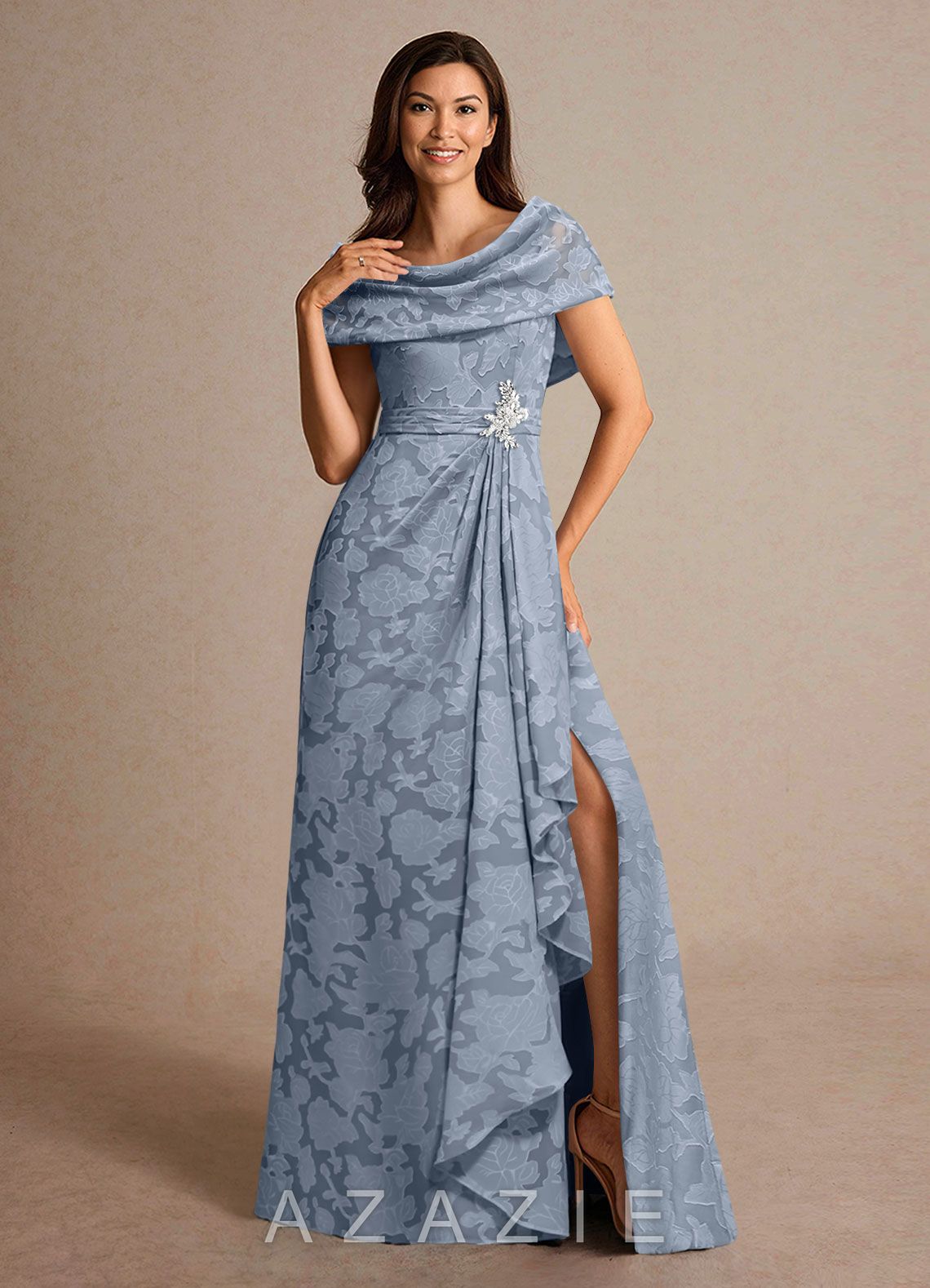 Azazie Branford Dusty Blue A-Line Pleated Floral Burnout Dress dusty_blue