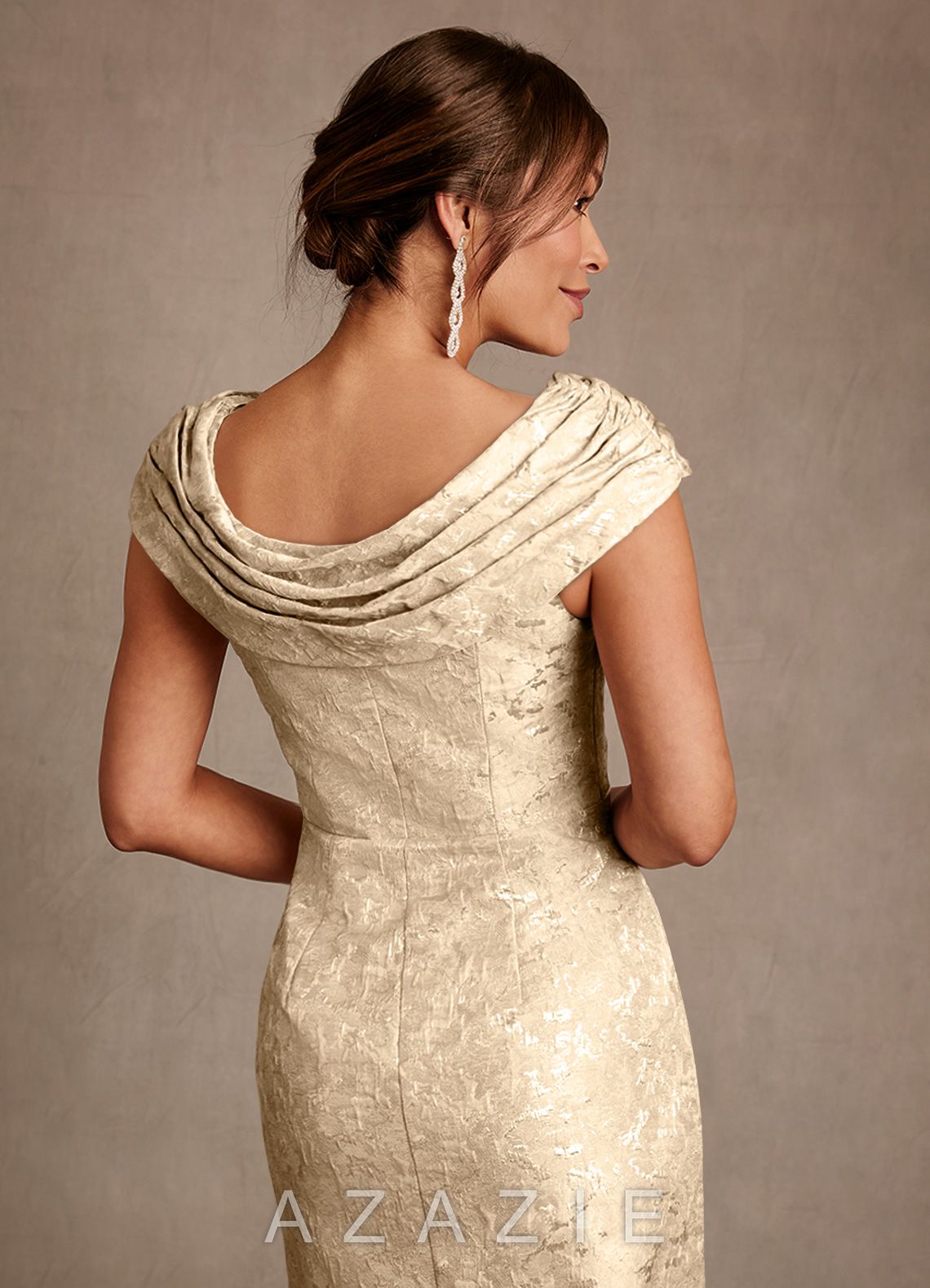 Azazie Alpine Champagne A-Line Pleated Floral Jacquard Dress champagne