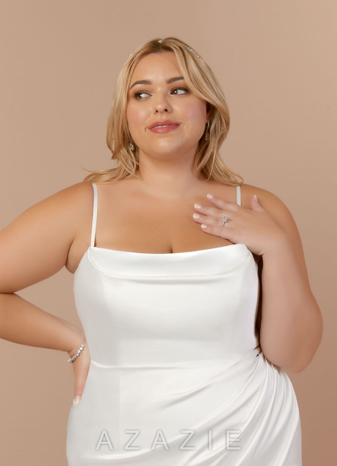 Azazie Katiya Diamond White Sheath Cowl Neckline Pleated Stretch Satin Dress diamond_white