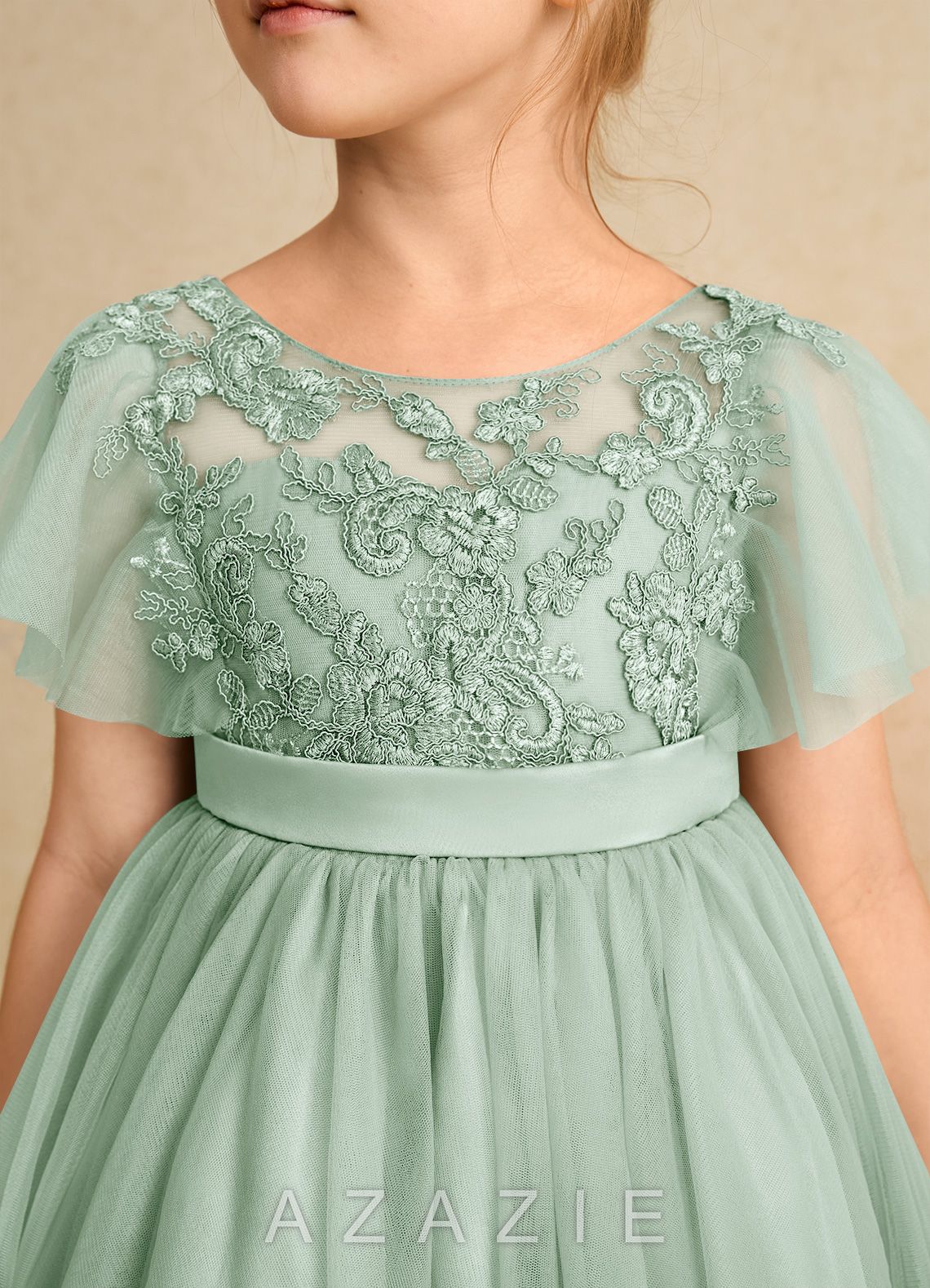 Azazie Queenie Agave A-Line Lace Dress agave