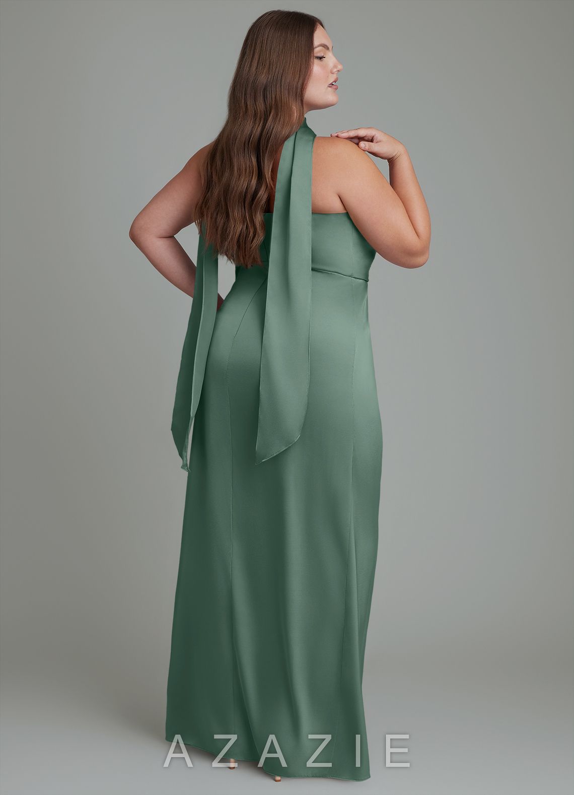 Azazie Calandra Eucalyptus Sheath Pleated Stretch Satin Dress eucalyptus